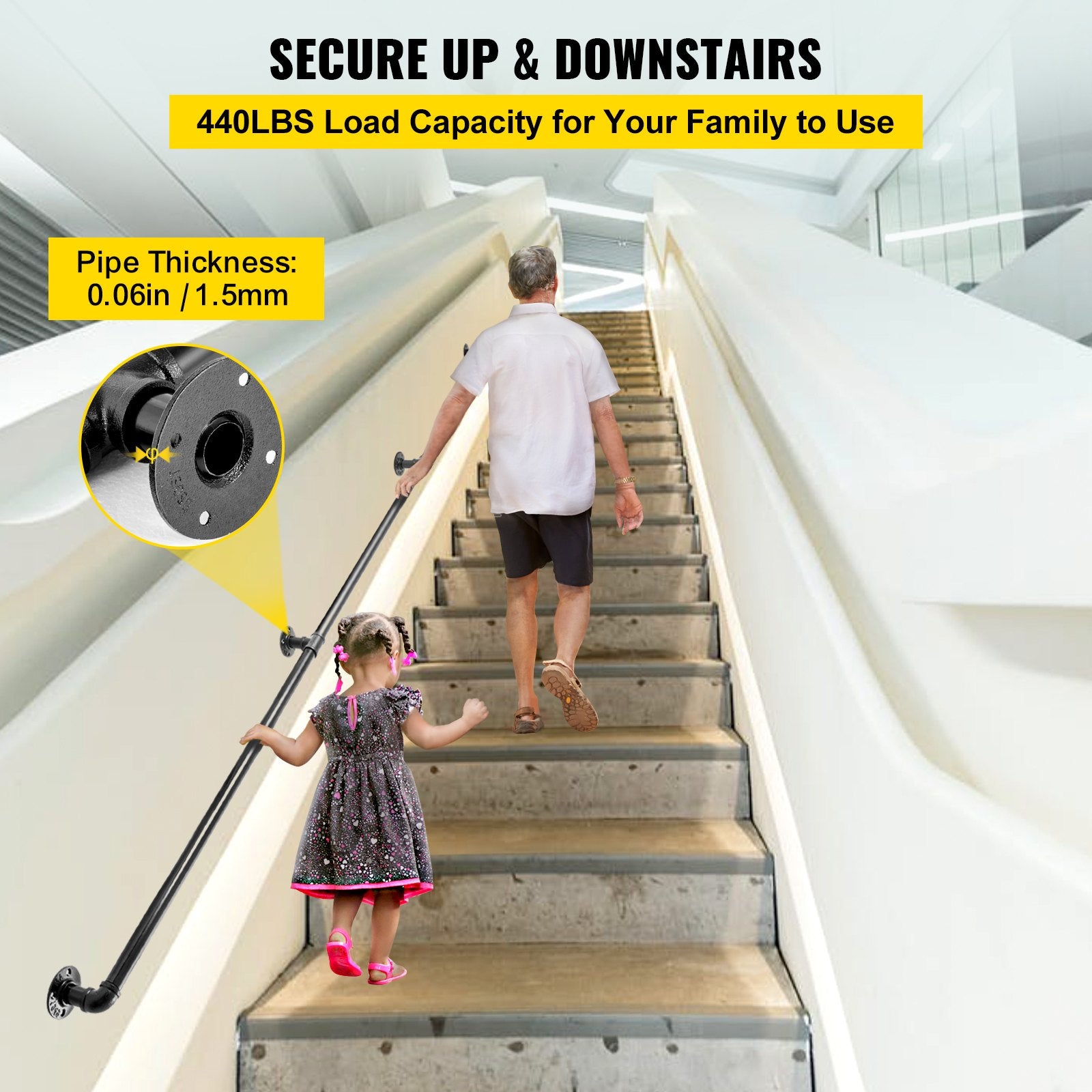 Dog Steps & Ramps: VEVOR Pipe Stair Handrail, 9FT Staircase Handrail, 440LBS Load Capacity Carbon Steel Pipe Handrail, Industrial Pipe Handrail with Wall Mount Support, Round Corner Wall Handrailings for Indoor, Outdoor