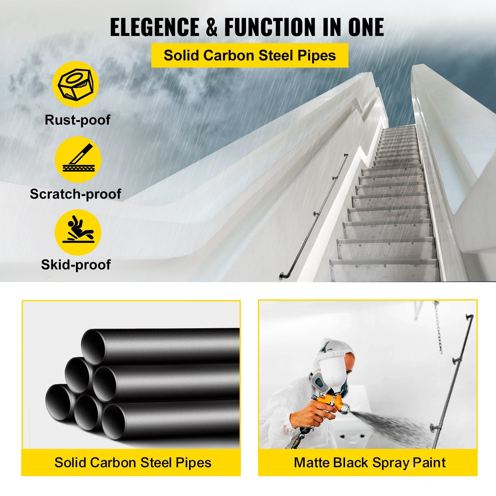 Dog Steps & Ramps: VEVOR Pipe Stair Handrail, 9FT Staircase Handrail, 440LBS Load Capacity Carbon Steel Pipe Handrail, Industrial Pipe Handrail with Wall Mount Support, Round Corner Wall Handrailings for Indoor, Outdoor