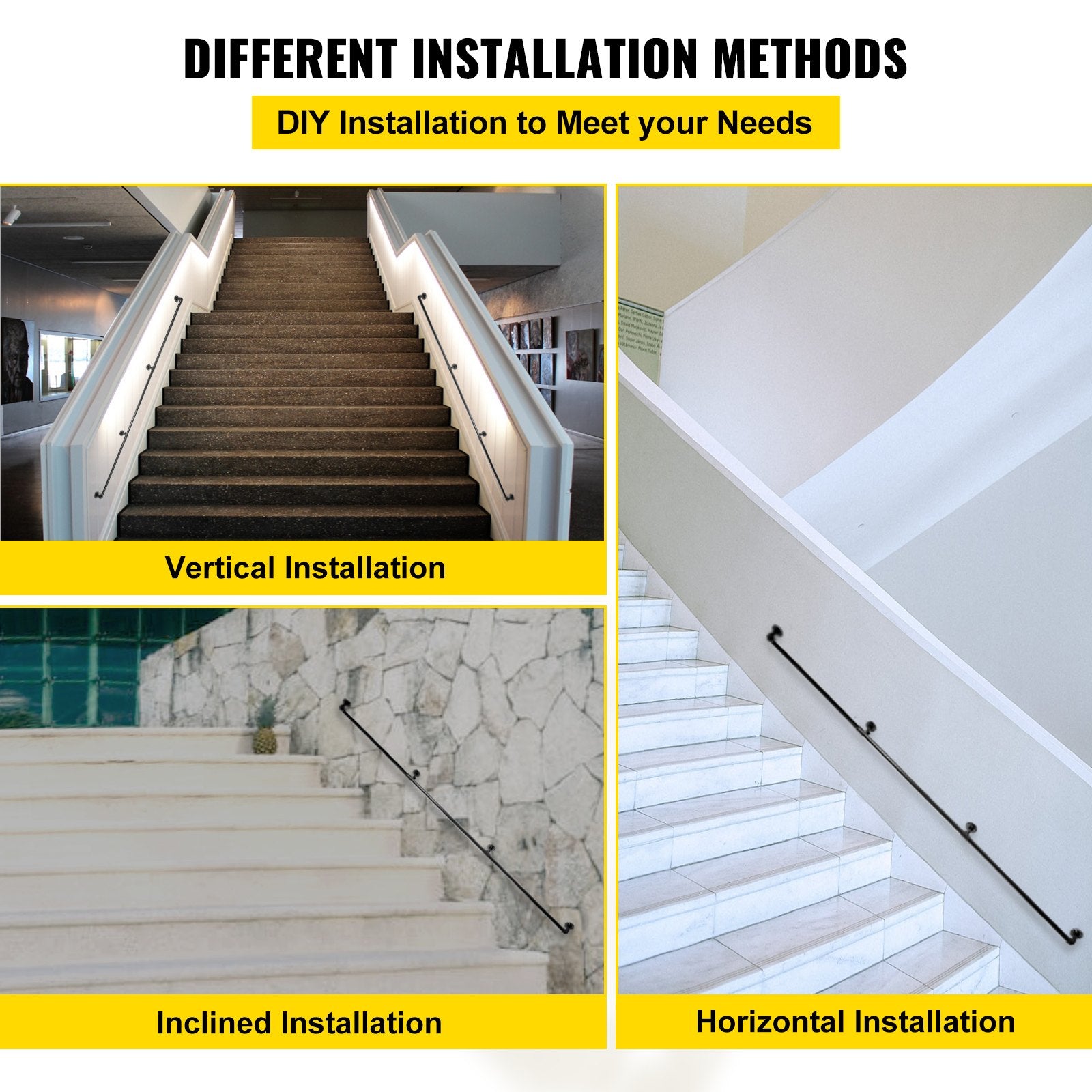 Dog Steps & Ramps: VEVOR Pipe Stair Handrail, 9FT Staircase Handrail, 440LBS Load Capacity Carbon Steel Pipe Handrail, Industrial Pipe Handrail with Wall Mount Support, Round Corner Wall Handrailings for Indoor, Outdoor