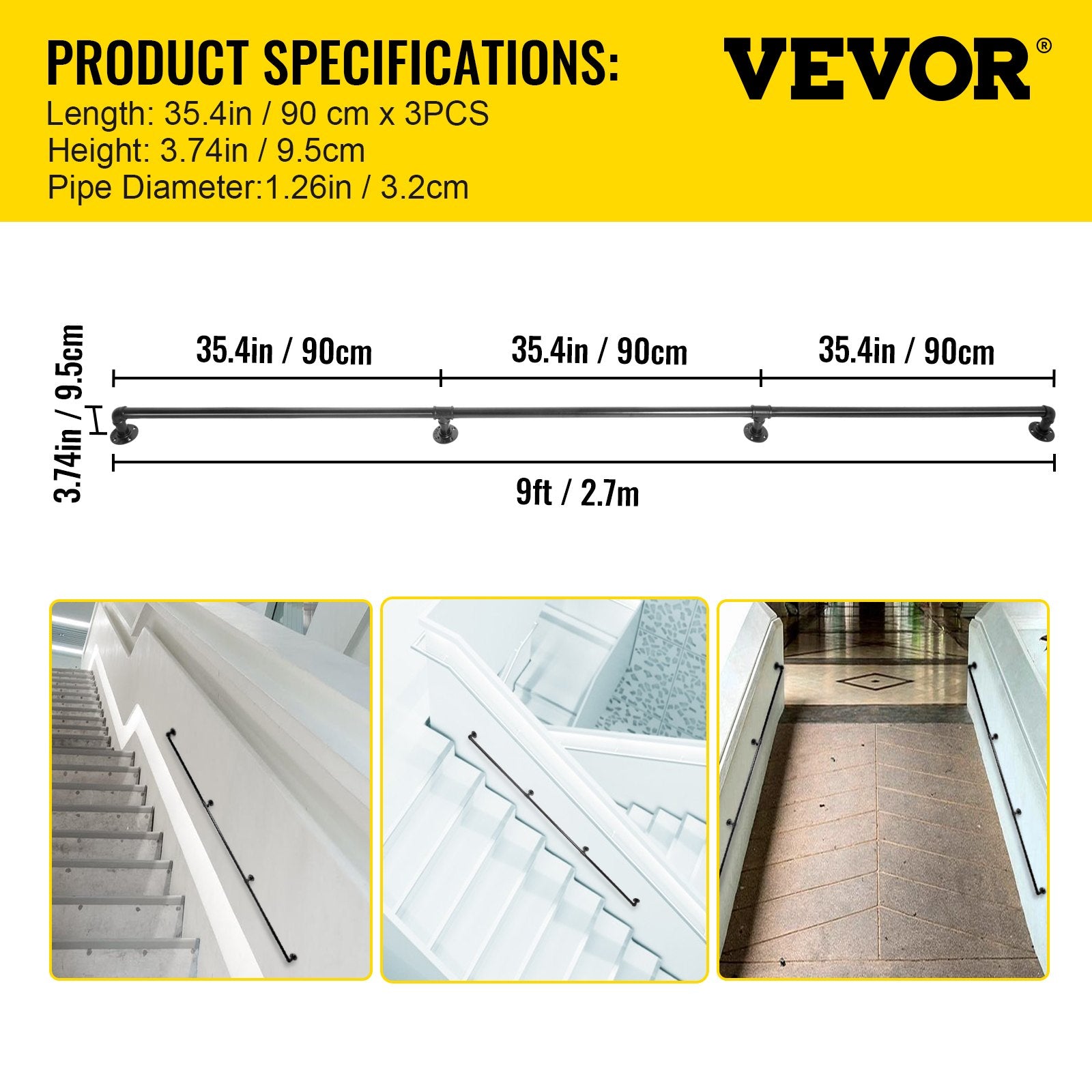 Dog Steps & Ramps: VEVOR Pipe Stair Handrail, 9FT Staircase Handrail, 440LBS Load Capacity Carbon Steel Pipe Handrail, Industrial Pipe Handrail with Wall Mount Support, Round Corner Wall Handrailings for Indoor, Outdoor