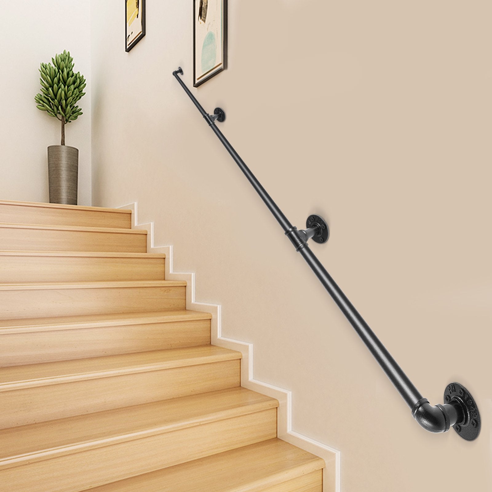 Dog Steps & Ramps: VEVOR Pipe Stair Handrail, 9FT Staircase Handrail, 440LBS Load Capacity Carbon Steel Pipe Handrail, Industrial Pipe Handrail with Wall Mount Support, Round Corner Wall Handrailings for Indoor, Outdoor