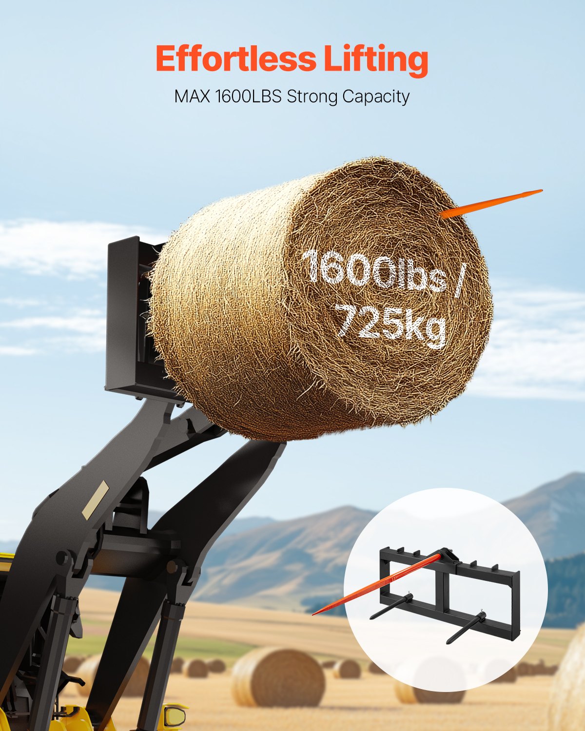 Automotive Parts: VEVOR 49" Hay Spear, Bale Spears 726kg Loading Capacity, Skid Steer Loader Tractor Attachment with 2pcs 17.5" Stabilizer Spears, Quick Attach Spike Forks