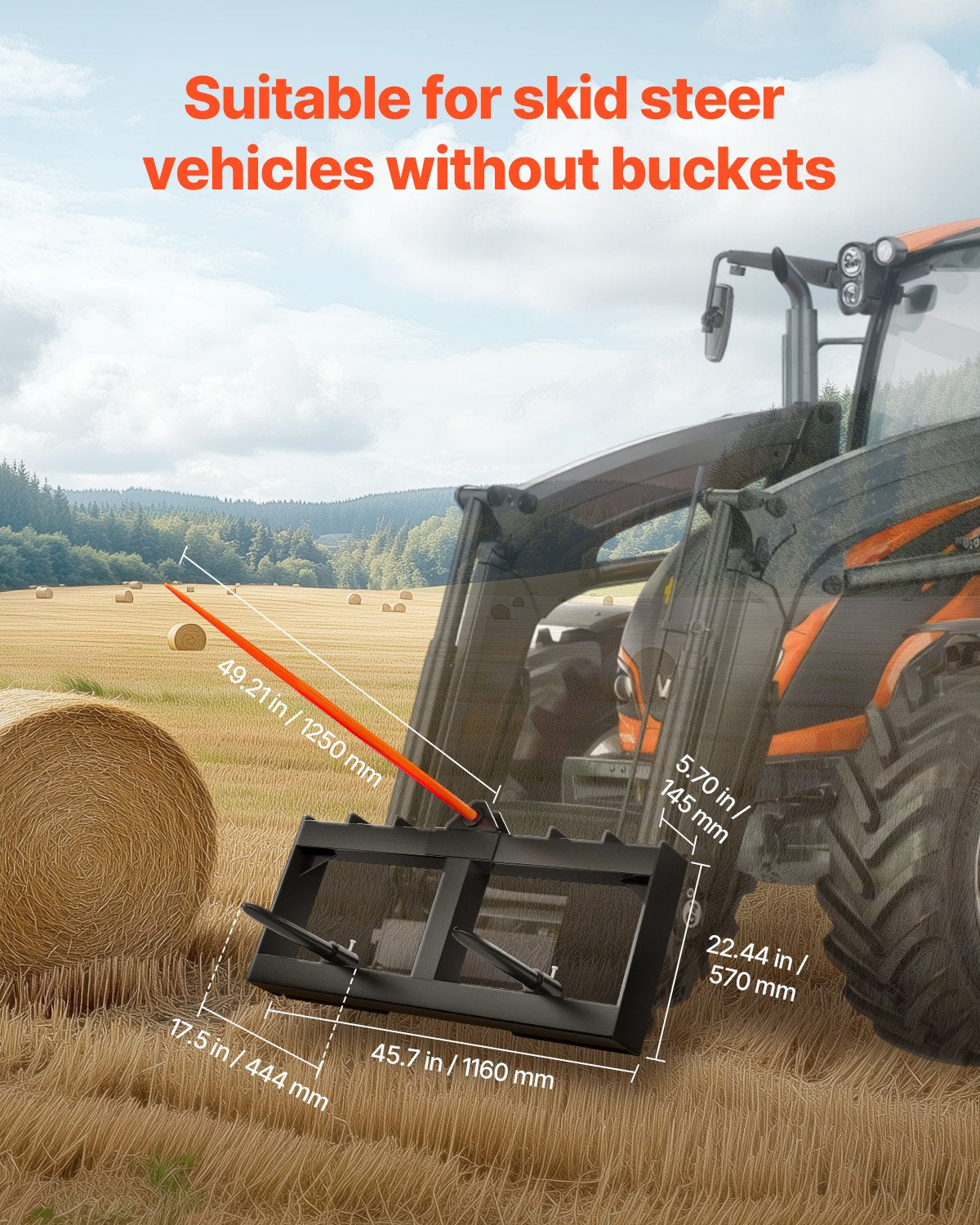 Automotive Parts: VEVOR 49" Hay Spear, Bale Spears 726kg Loading Capacity, Skid Steer Loader Tractor Attachment with 2pcs 17.5" Stabilizer Spears, Quick Attach Spike Forks
