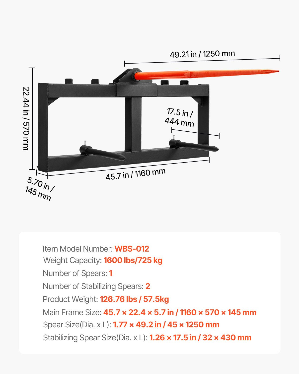 Automotive Parts: VEVOR 49" Hay Spear, Bale Spears 726kg Loading Capacity, Skid Steer Loader Tractor Attachment with 2pcs 17.5" Stabilizer Spears, Quick Attach Spike Forks