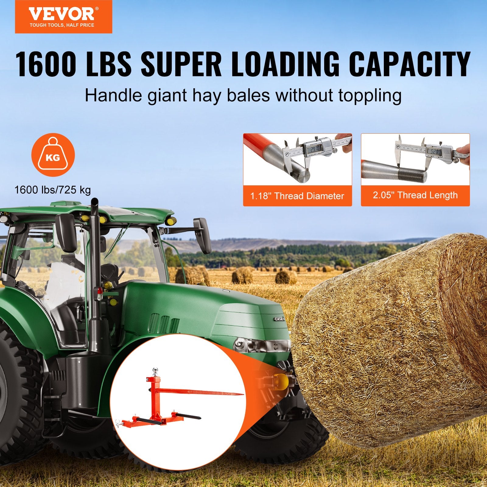 Automotive Parts: VEVOR 49" Hay Spear, Bale Spears 726kg Loading Capacity, Three-Point Hitch Tractor Attachment with 2pcs 17.5" Stabilizer Spears, Quick Attach Spike Forks