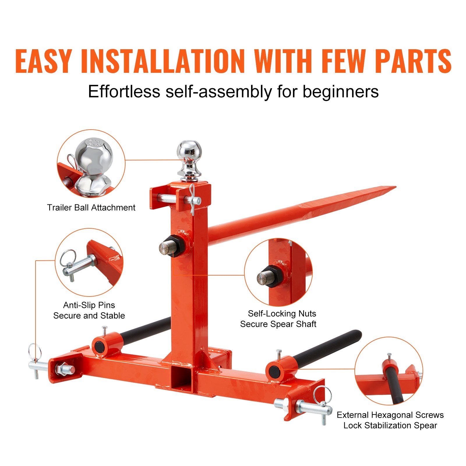 Automotive Parts: VEVOR 49" Hay Spear, Bale Spears 726kg Loading Capacity, Three-Point Hitch Tractor Attachment with 2pcs 17.5" Stabilizer Spears, Quick Attach Spike Forks