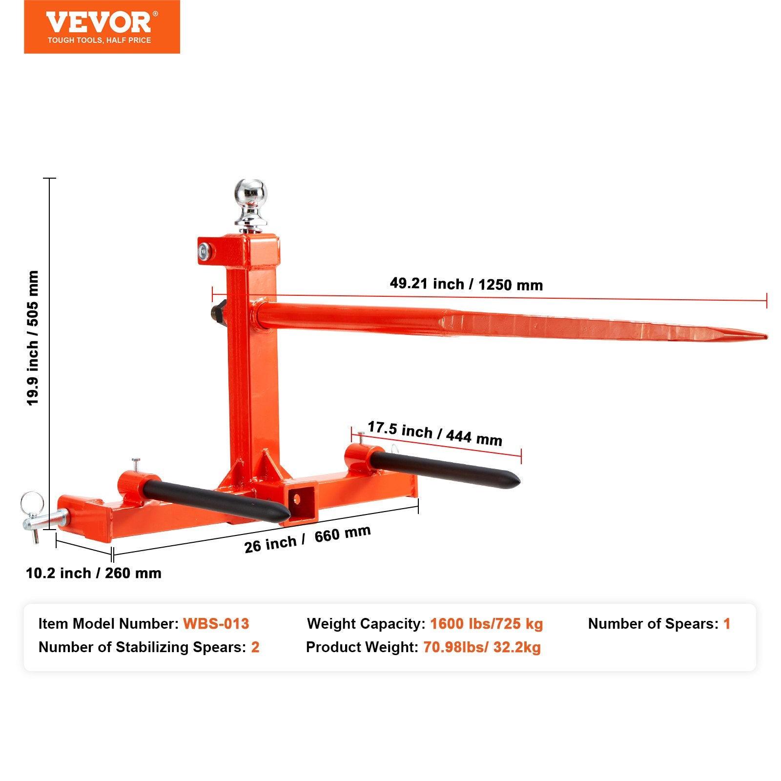 Automotive Parts: VEVOR 49" Hay Spear, Bale Spears 726kg Loading Capacity, Three-Point Hitch Tractor Attachment with 2pcs 17.5" Stabilizer Spears, Quick Attach Spike Forks