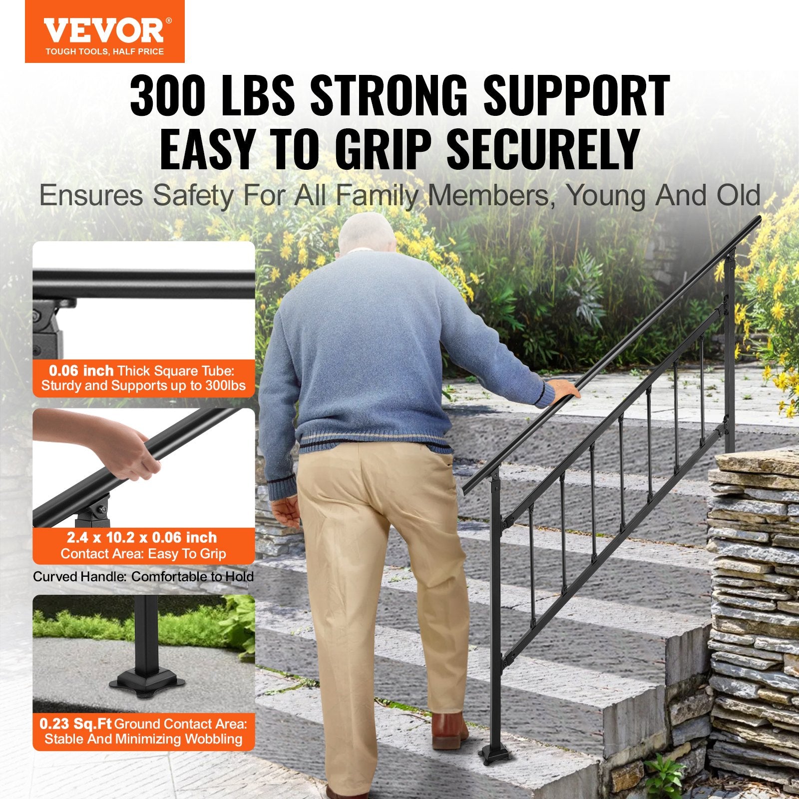Dog Steps & Ramps: VEVOR Iron Handrail Stair Railing Hand Rail Kit 1-4 Steps Outdoor Black w/ Bars