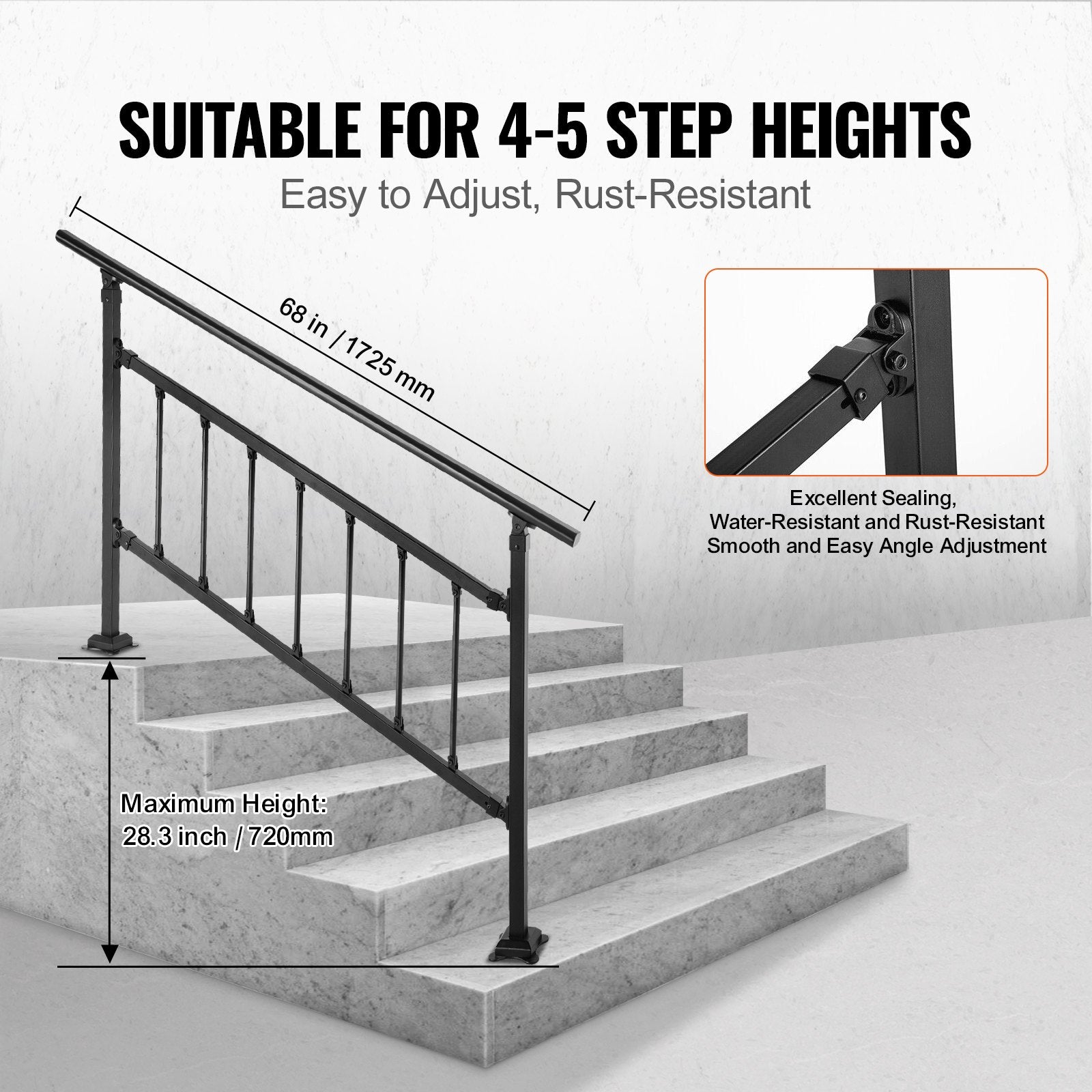Dog Steps & Ramps: VEVOR Iron Handrail Stair Railing Hand Rail Kit 1-4 Steps Outdoor Black w/ Bars