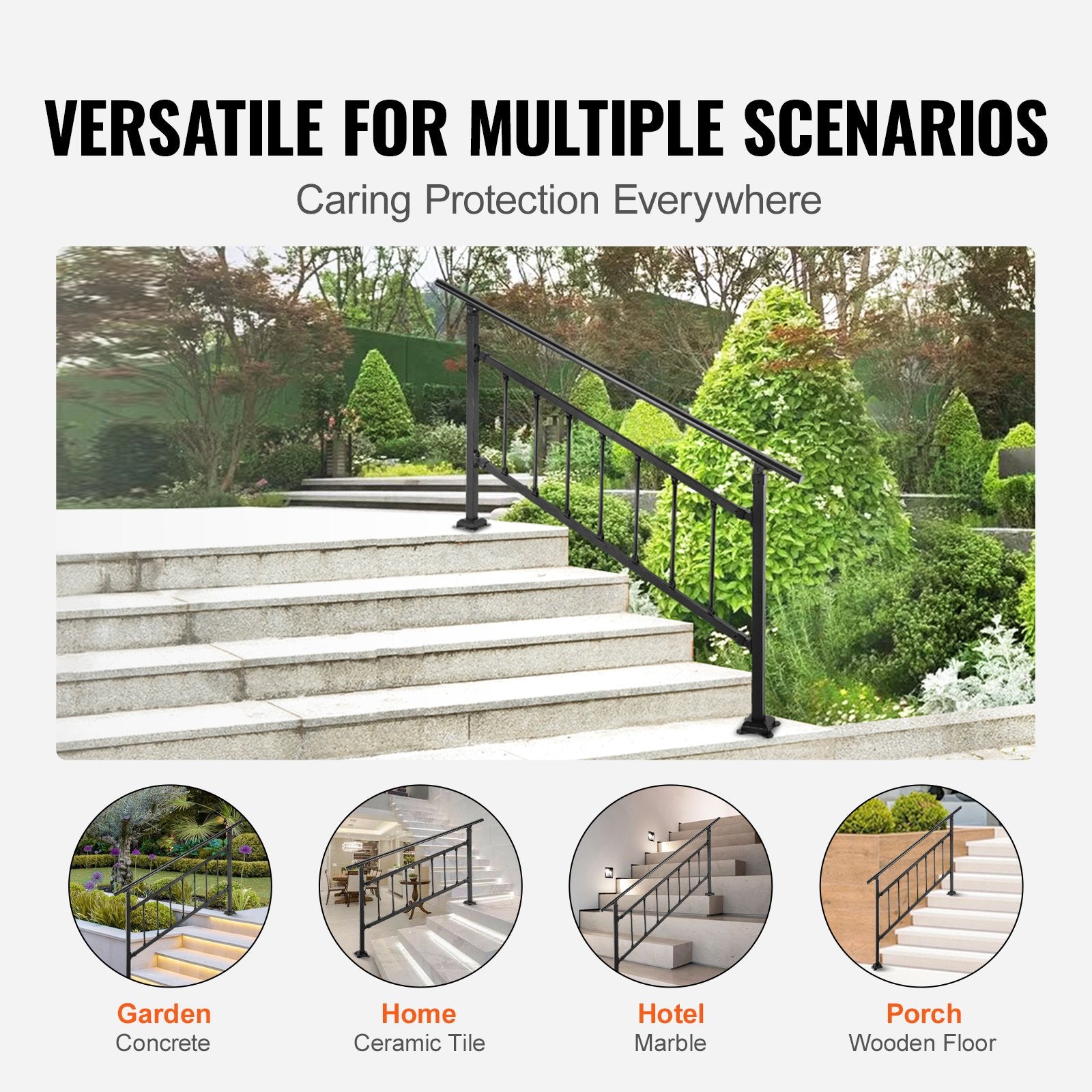 Dog Steps & Ramps: VEVOR Iron Handrail Stair Railing Hand Rail Kit 1-4 Steps Outdoor Black w/ Bars