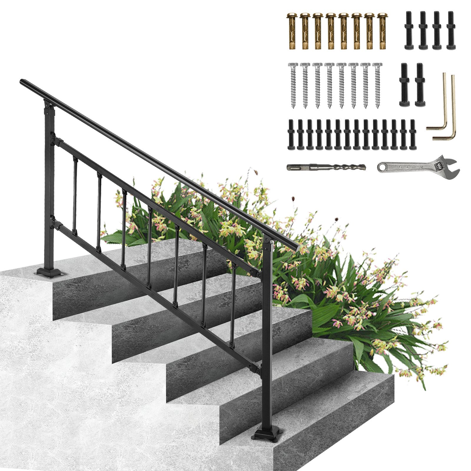 Dog Steps & Ramps: VEVOR Iron Handrail Stair Railing Hand Rail Kit 1-4 Steps Outdoor Black w/ Bars
