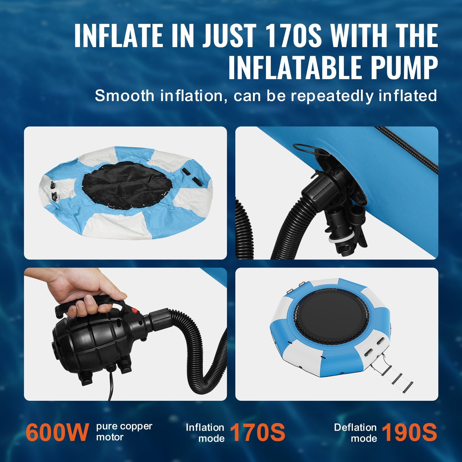 Pool Toys & Inflatables: VEVOR Inflatable Water Bouncer, 10ft Recreational Water Trampoline, Portable Bounce Swim Platform with Slide, 3-Step Ladder & Electric Air Pump, Kid Adult Floating Rebounder for Pool Lake Water Sports