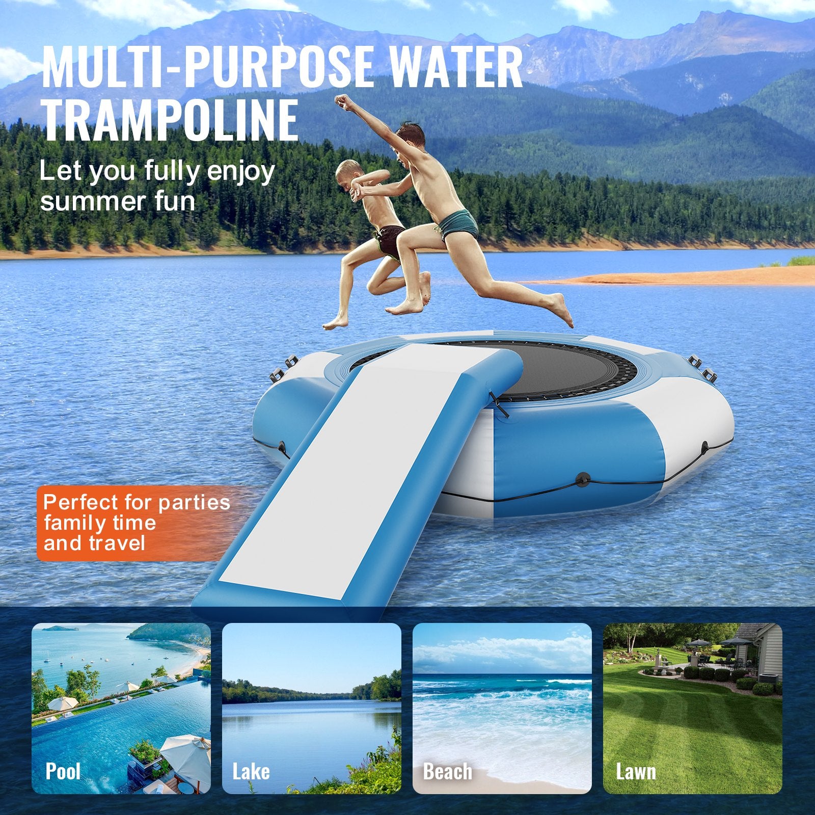 Pool Toys & Inflatables: VEVOR Inflatable Water Bouncer, 10ft Recreational Water Trampoline, Portable Bounce Swim Platform with Slide, 3-Step Ladder & Electric Air Pump, Kid Adult Floating Rebounder for Pool Lake Water Sports