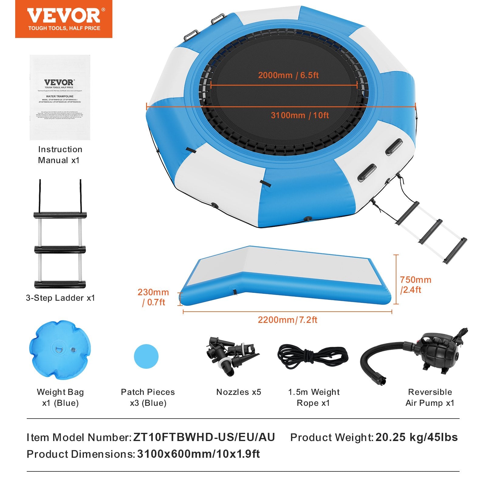 Pool Toys & Inflatables: VEVOR Inflatable Water Bouncer, 10ft Recreational Water Trampoline, Portable Bounce Swim Platform with Slide, 3-Step Ladder & Electric Air Pump, Kid Adult Floating Rebounder for Pool Lake Water Sports