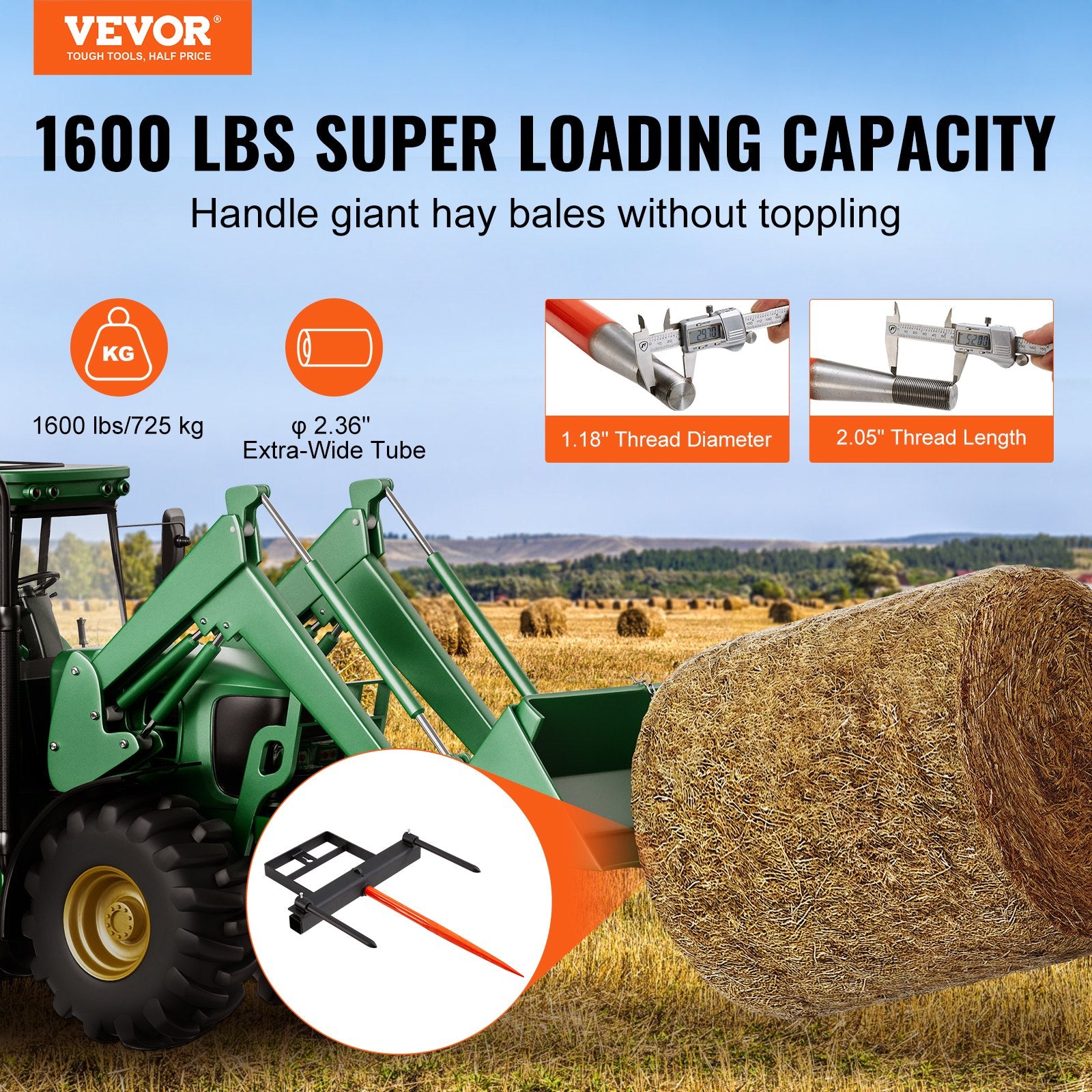 Spreaders & Wheelbarrows: VEVOR 39" Hay Spear, Bale Spears 726kg Loading Capacity, Skid Steer Loader Tractor Bucket Attachment with 2pcs 17.5" Stabilizer Spears and 60" Chain, Quick Attach Spike Forks