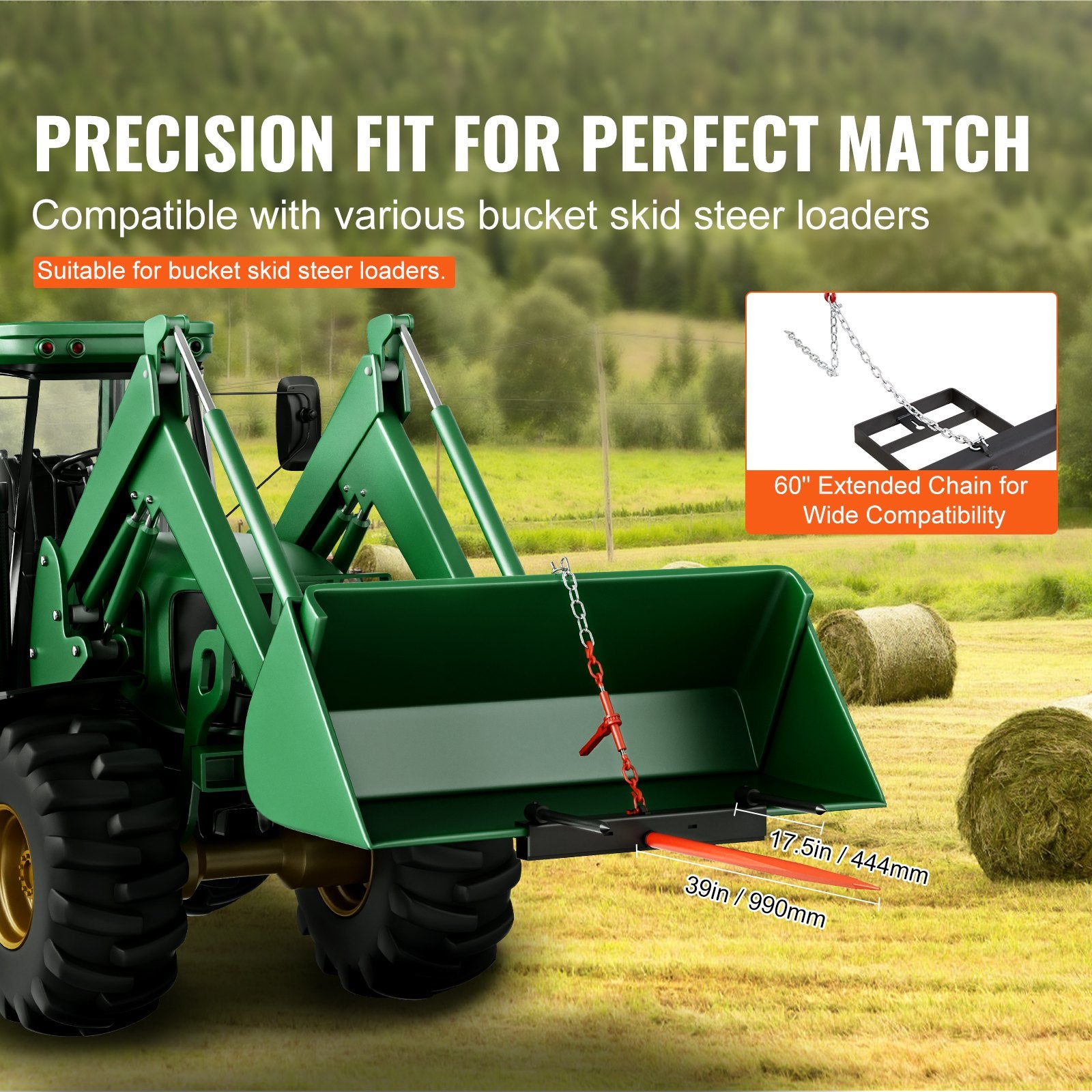 Spreaders & Wheelbarrows: VEVOR 39" Hay Spear, Bale Spears 726kg Loading Capacity, Skid Steer Loader Tractor Bucket Attachment with 2pcs 17.5" Stabilizer Spears and 60" Chain, Quick Attach Spike Forks
