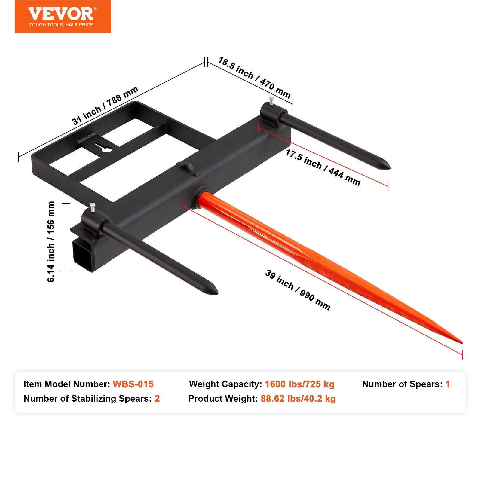Spreaders & Wheelbarrows: VEVOR 39" Hay Spear, Bale Spears 726kg Loading Capacity, Skid Steer Loader Tractor Bucket Attachment with 2pcs 17.5" Stabilizer Spears and 60" Chain, Quick Attach Spike Forks