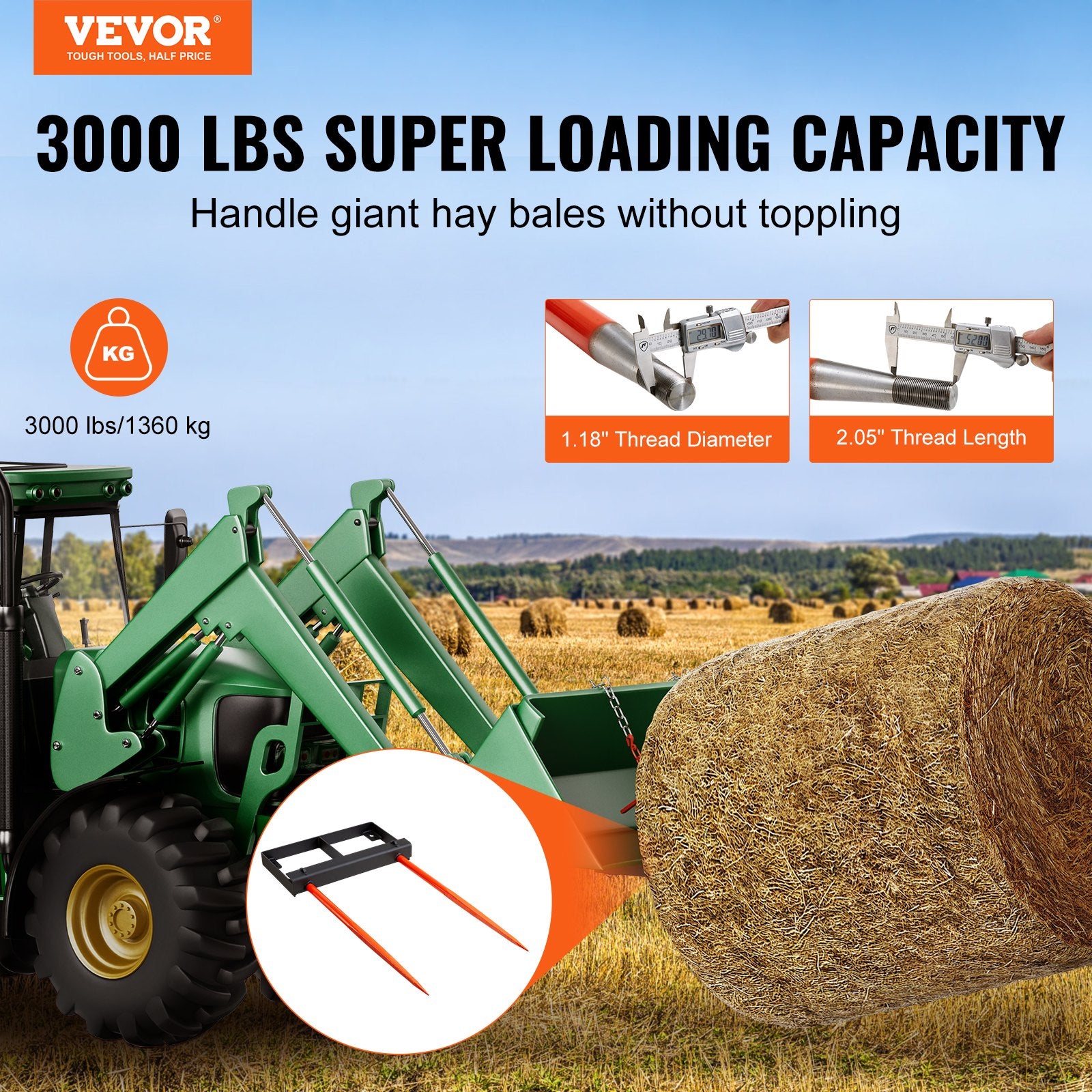 Spreaders & Wheelbarrows: VEVOR 49" Hay Spear, Bale Spears 1360kg Loading Capacity, Skid Steer Loader Tractor Bucket Attachment with 2pcs 17.5" Stabilizer Spears and 60" Chain, Quick Attach Spike Forks