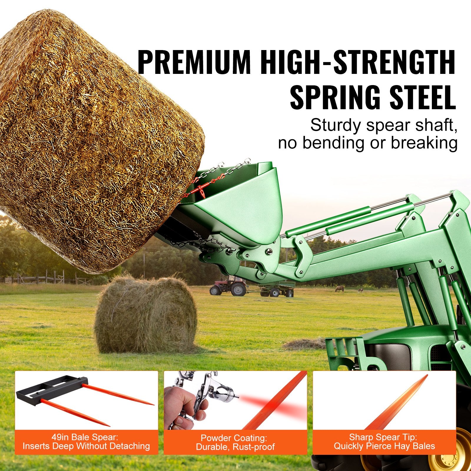 Spreaders & Wheelbarrows: VEVOR 49" Hay Spear, Bale Spears 1360kg Loading Capacity, Skid Steer Loader Tractor Bucket Attachment with 2pcs 17.5" Stabilizer Spears and 60" Chain, Quick Attach Spike Forks