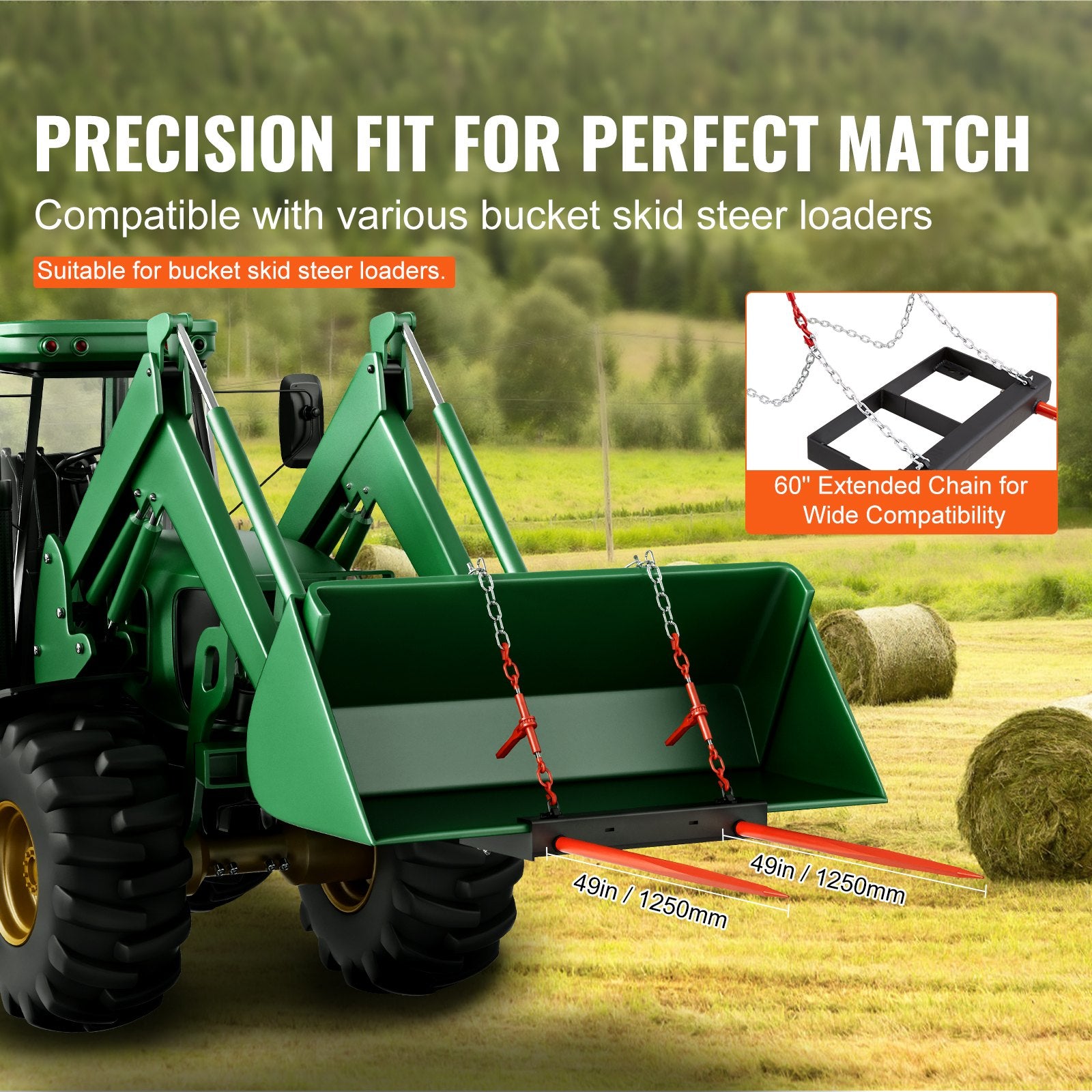Spreaders & Wheelbarrows: VEVOR 49" Hay Spear, Bale Spears 1360kg Loading Capacity, Skid Steer Loader Tractor Bucket Attachment with 2pcs 17.5" Stabilizer Spears and 60" Chain, Quick Attach Spike Forks