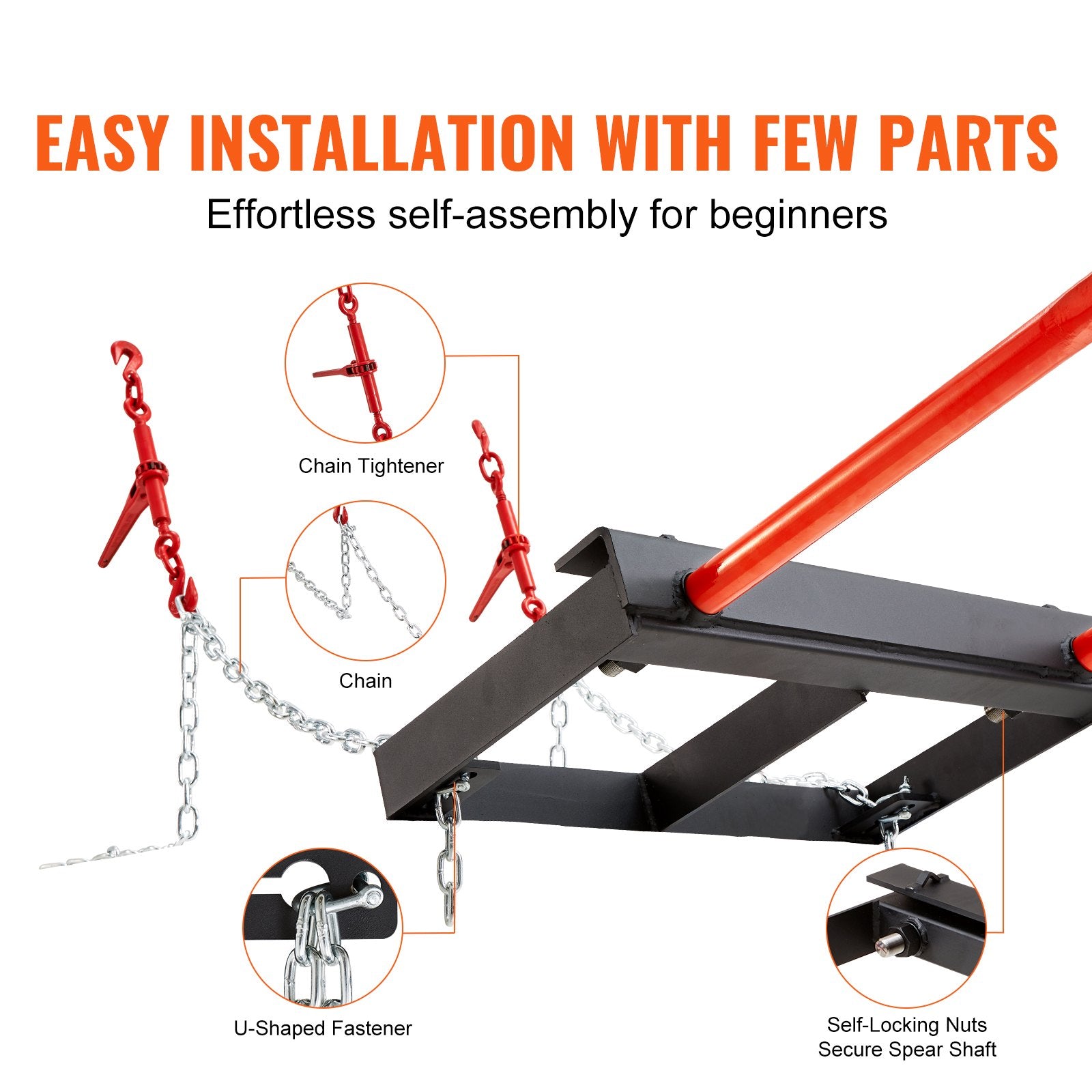Spreaders & Wheelbarrows: VEVOR 49" Hay Spear, Bale Spears 1360kg Loading Capacity, Skid Steer Loader Tractor Bucket Attachment with 2pcs 17.5" Stabilizer Spears and 60" Chain, Quick Attach Spike Forks