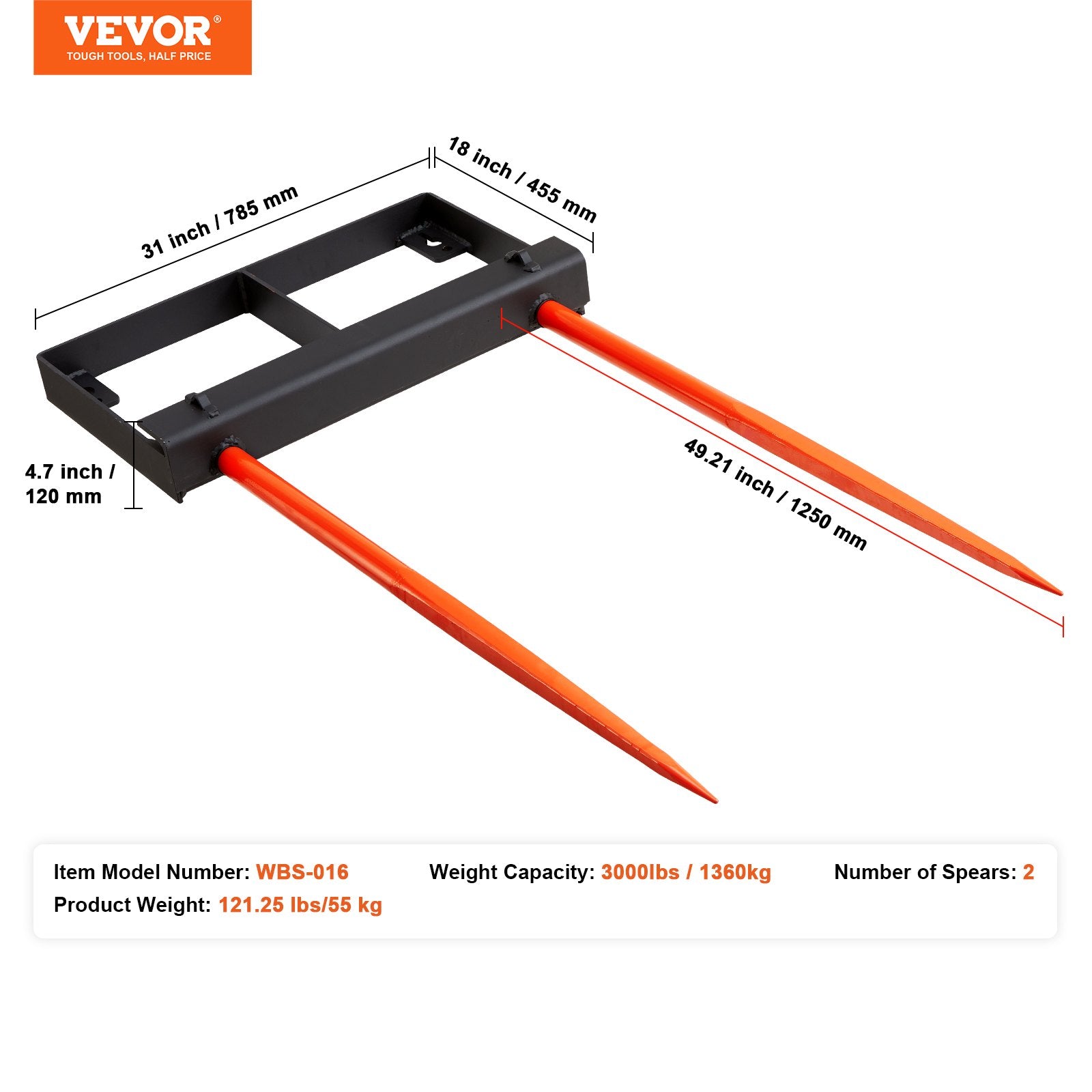 Spreaders & Wheelbarrows: VEVOR 49" Hay Spear, Bale Spears 1360kg Loading Capacity, Skid Steer Loader Tractor Bucket Attachment with 2pcs 17.5" Stabilizer Spears and 60" Chain, Quick Attach Spike Forks