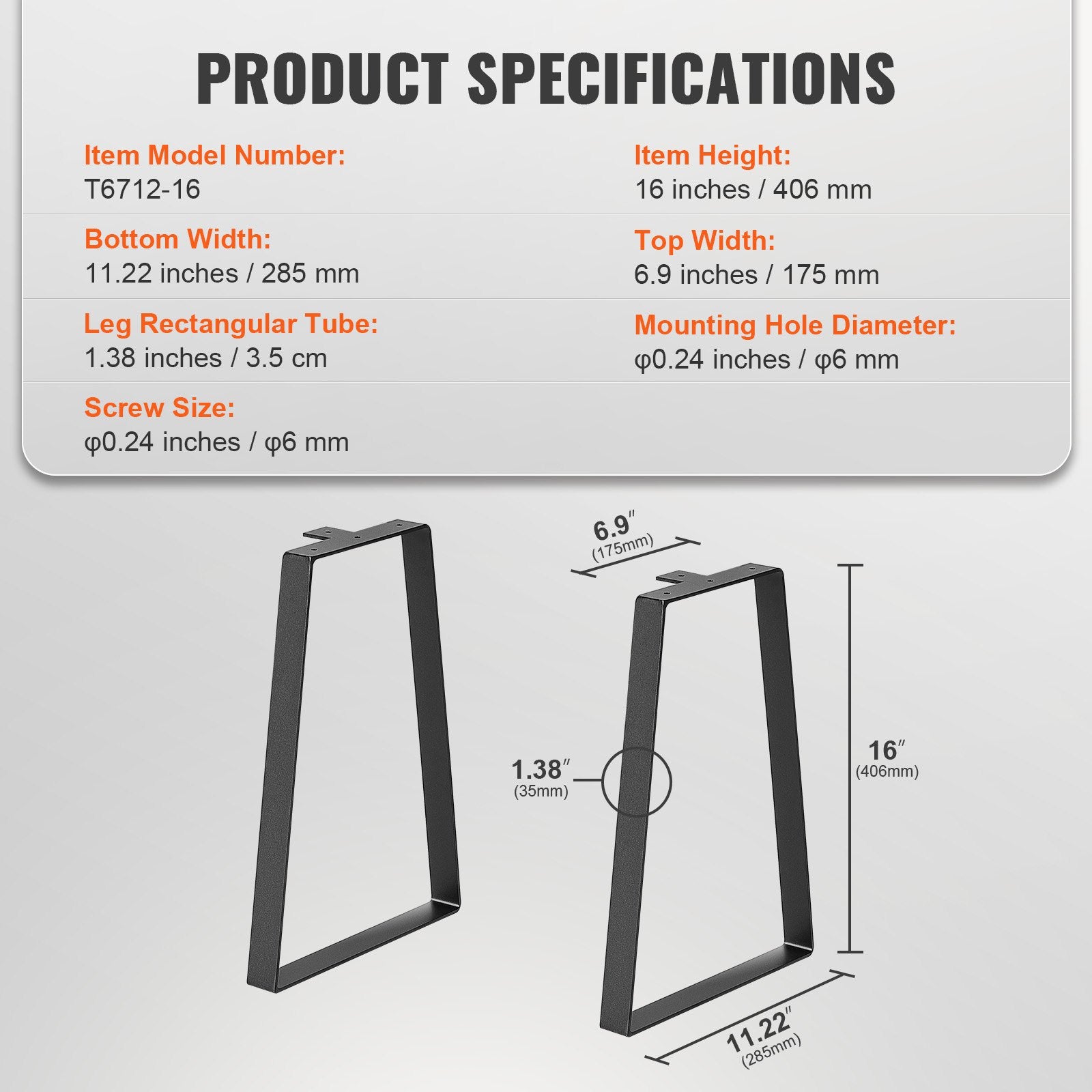 Table Tops & Bases: VEVOR 406.4MM Trapezoid Steel Table Legs, Replacement Furniture Legs Set of 2 for DIY Coffee Tables, Modern Desks, Bench, Night Stands, Sofa, Max Load 181.4KG Heavy Duty, Quick Instalation Legs Black