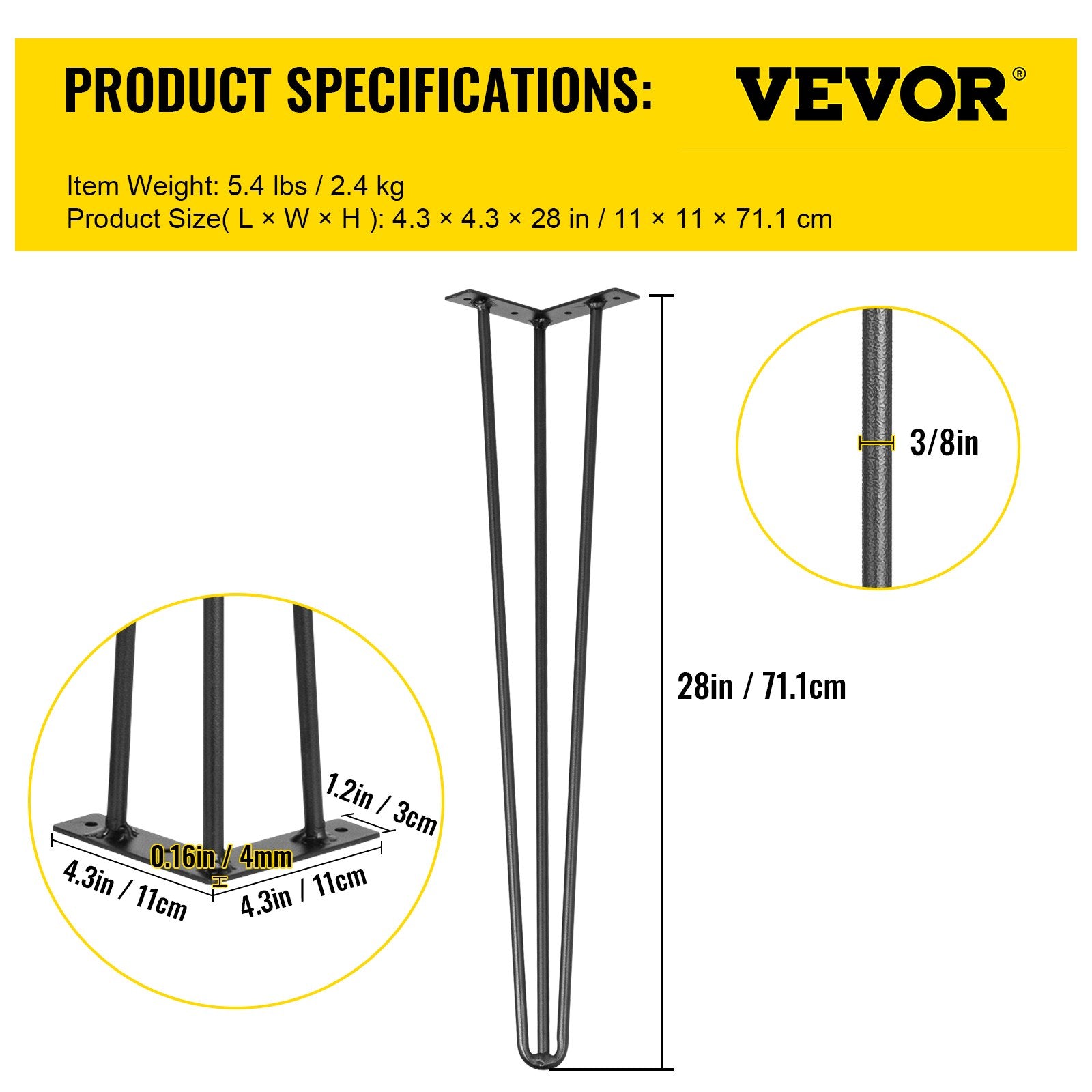 Table Tops & Bases: VEVOR Hairpin Table Legs 28 inch, Set of 4 DIY Desk Table Legs 3 Rods Heavy Duty