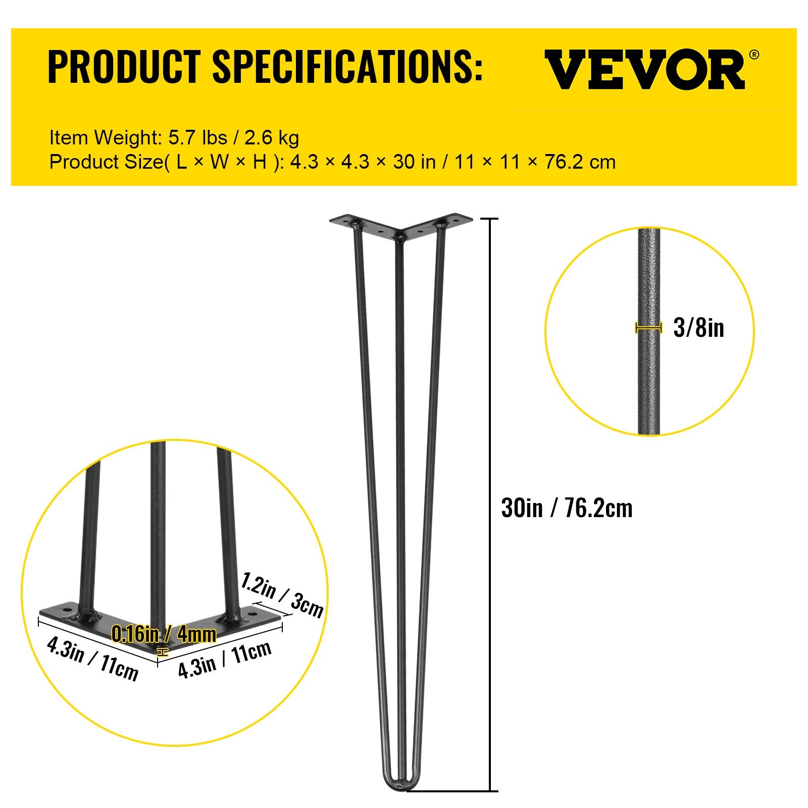 Table Tops & Bases: VEVOR Hairpin Table Legs 30 inch Black Set of 4 Desk Legs Each 220lbs Capacity Hairpin Desk Legs 3 Rods for Bench Desk Dining End Table Chairs Carbon Steel DIY Table Legs Heavy Duty Furniture Legs