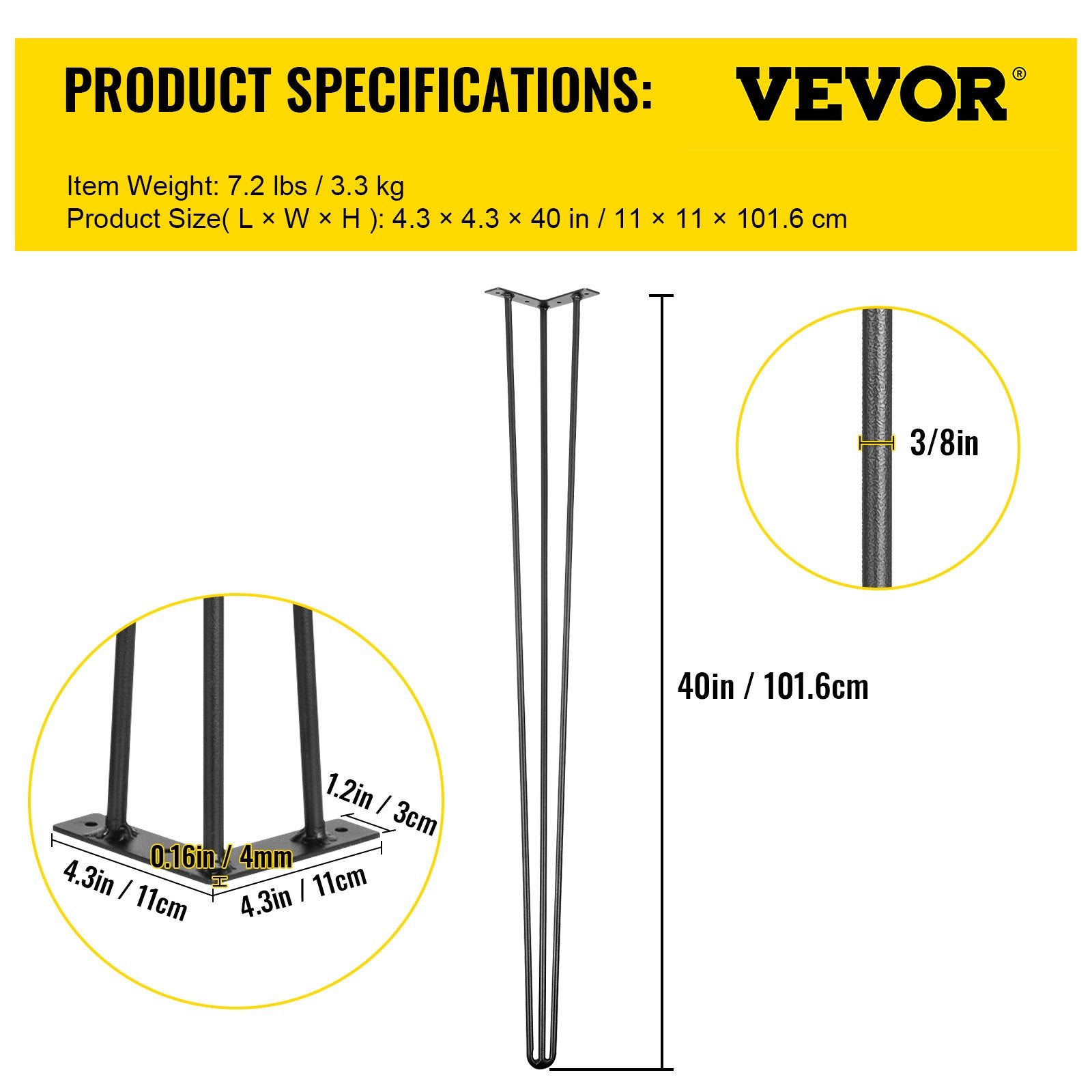Table Tops & Bases: VEVOR Hairpin Table Legs 40 inch, Set of 4 DIY Desk Table Legs 3 Rods Heavy Duty