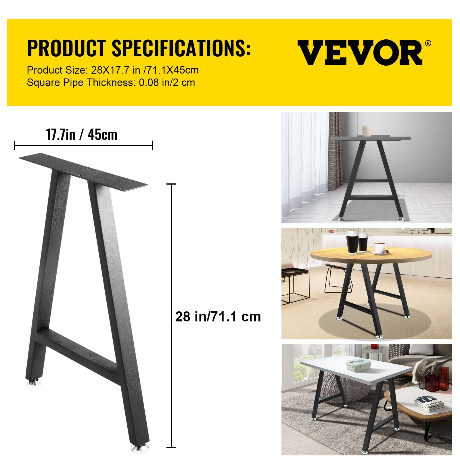 Metal Table Legs 28 x 17.7 inch A-Shaped Desk Legs Set of 2 Heavy Duty Bench Legs with Polyurethane Coating, Furniture Legs with Floor Protectors, Wrought Iron Coffee Table Legs for Home DIY Bla