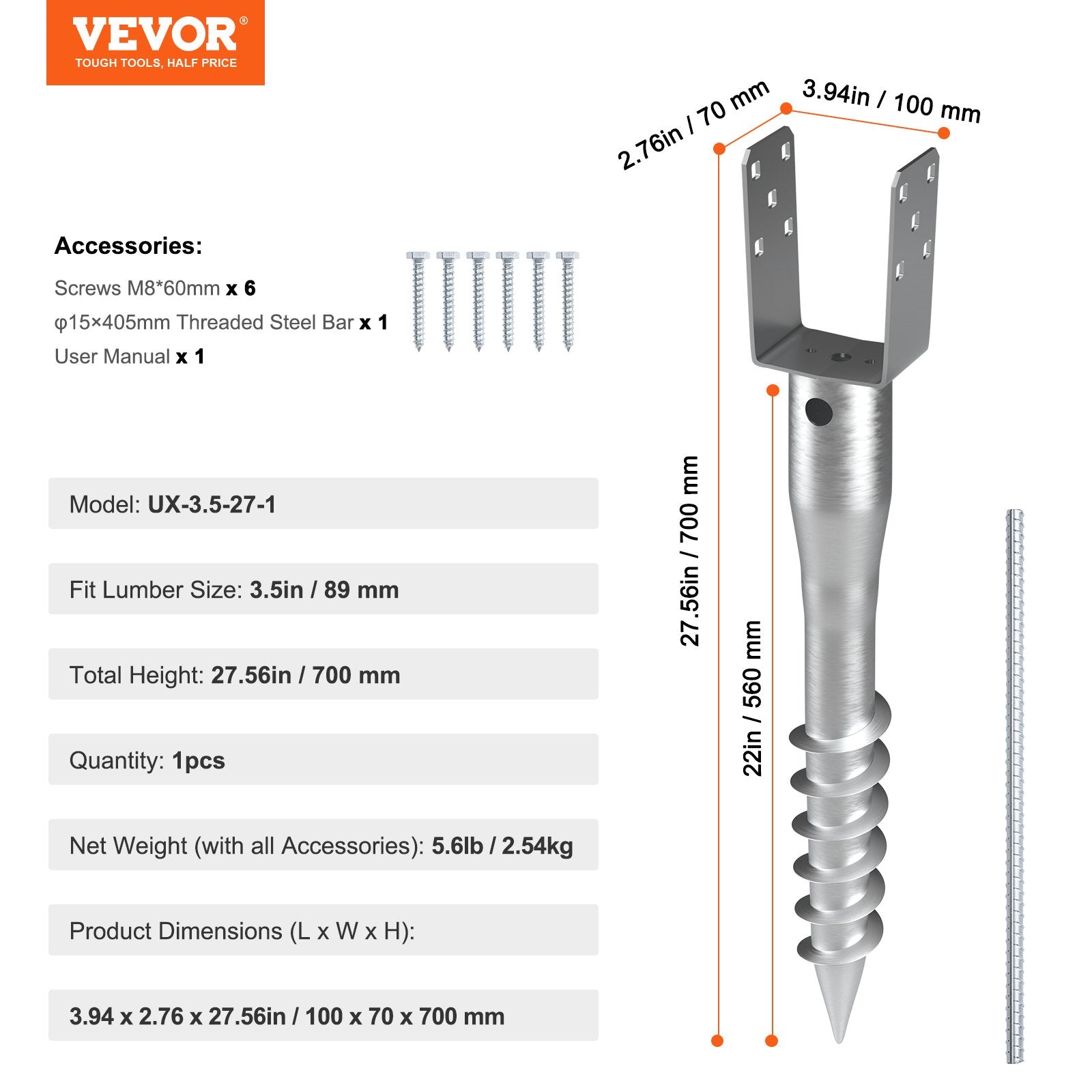 Outdoor Power Equipment: VEVOR No Dig Ground Anchor, 1 Pack 10 x 7 x 70 cm DIY Screw in Post Stake, Includes 6 Lag Bolts & a Rebar, U-Shape Heavy Duty Steel Post Holder, Great for Mailbox Posts and Fence Posts