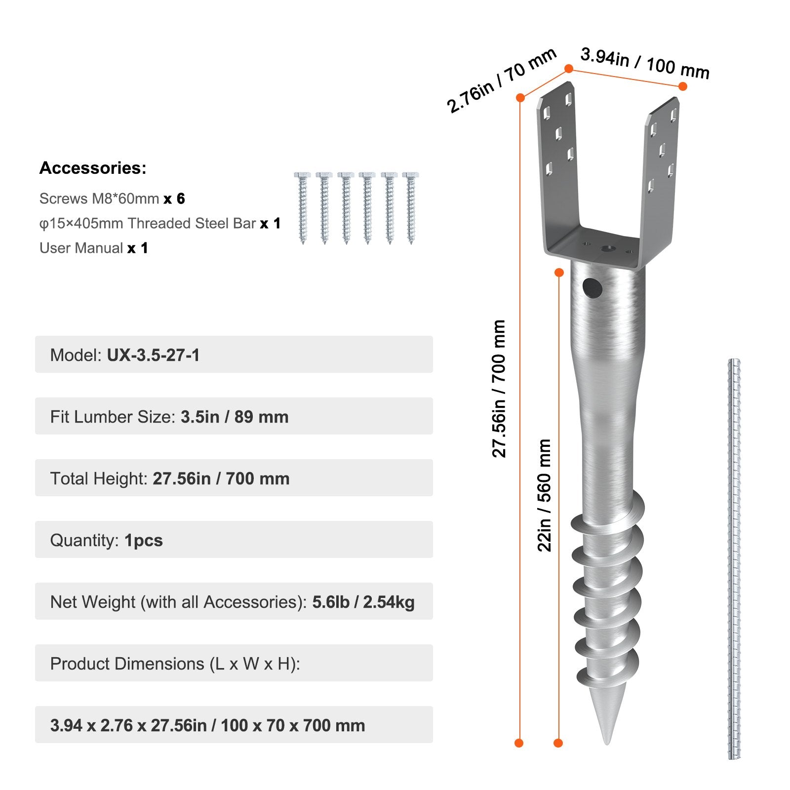 Outdoor Power Equipment: VEVOR No Dig Ground Anchor, 1 Pack 10 x 7 x 70 cm DIY Screw in Post Stake, Includes 6 Lag Bolts & a Rebar, U-Shape Heavy Duty Steel Post Holder, Great for Mailbox Posts and Fence Posts