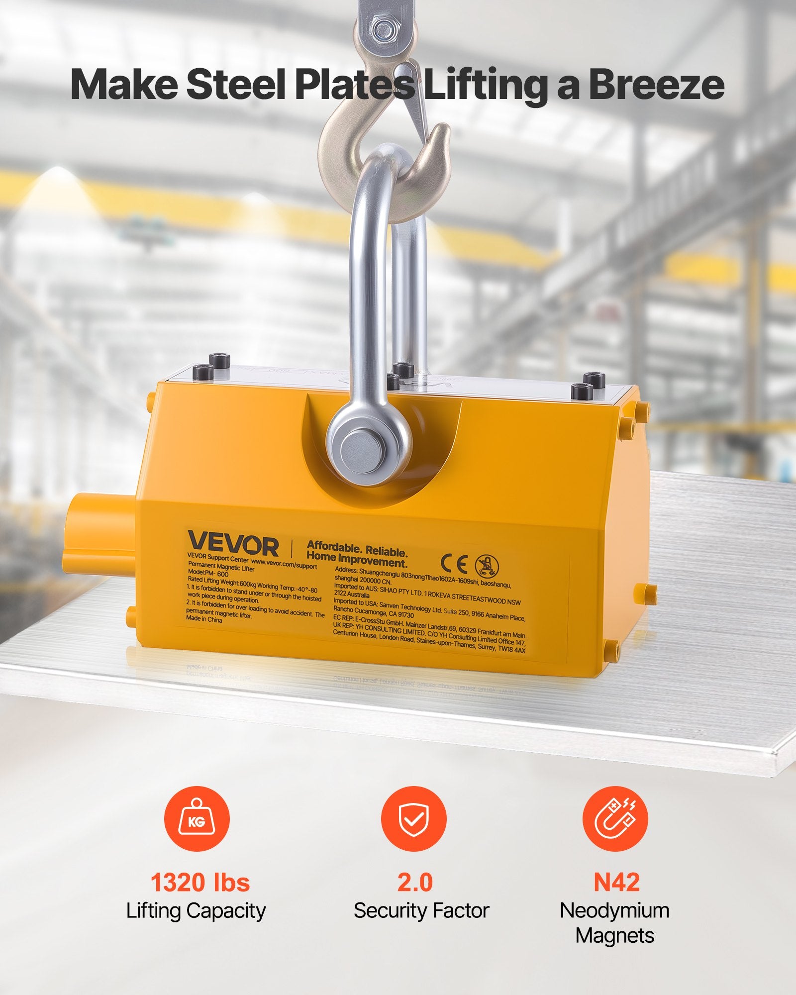 Automotive Lifts & Hoists: VEVOR Permanent Magnetic Lifter, 600 kg Pulling Capacity, Heavy Duty N42 Neodymium Lifting Magnet with Release Handle and Steel Hook, Used in Shop Crane and Hoist, for Lifting Plate Steel, Board