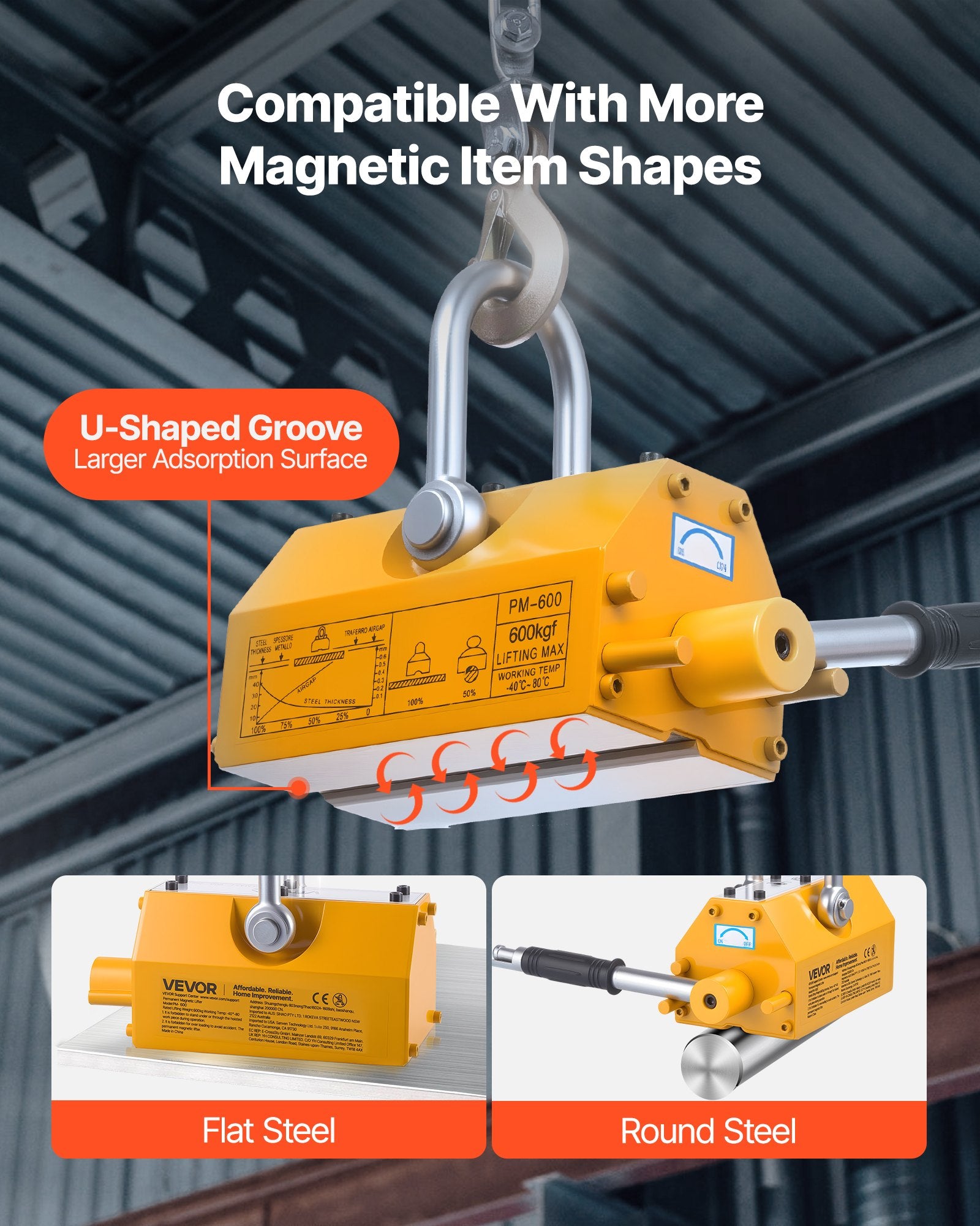 Automotive Lifts & Hoists: VEVOR Permanent Magnetic Lifter, 600 kg Pulling Capacity, Heavy Duty N42 Neodymium Lifting Magnet with Release Handle and Steel Hook, Used in Shop Crane and Hoist, for Lifting Plate Steel, Board