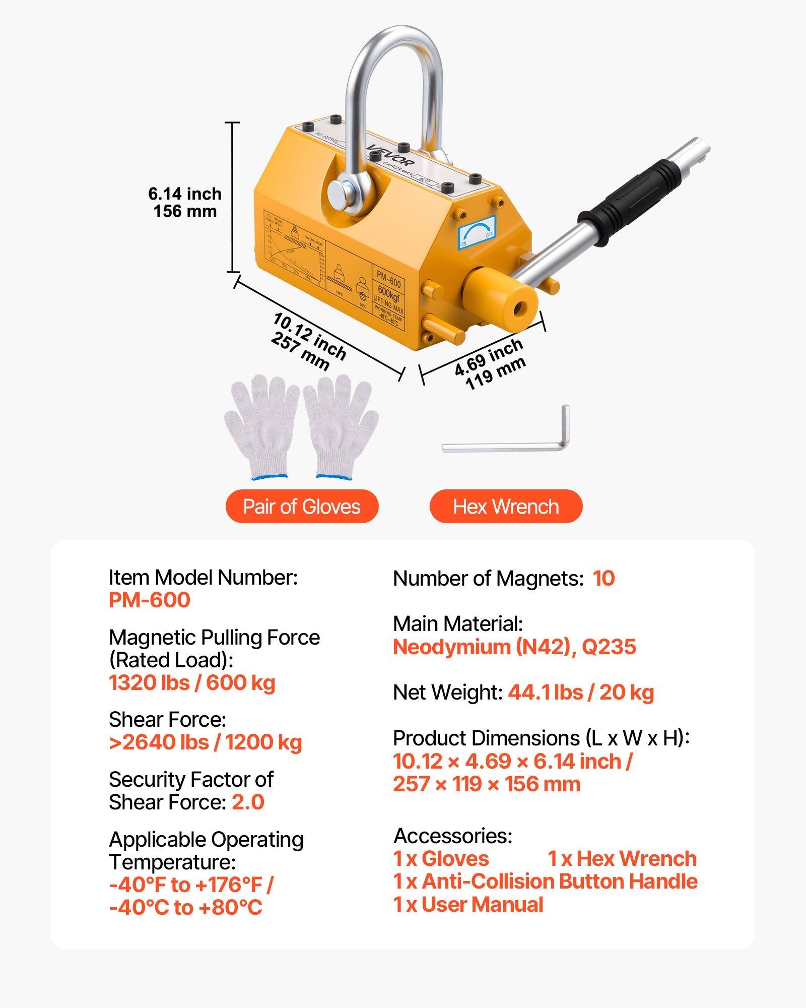 Automotive Lifts & Hoists: VEVOR Permanent Magnetic Lifter, 600 kg Pulling Capacity, Heavy Duty N42 Neodymium Lifting Magnet with Release Handle and Steel Hook, Used in Shop Crane and Hoist, for Lifting Plate Steel, Board