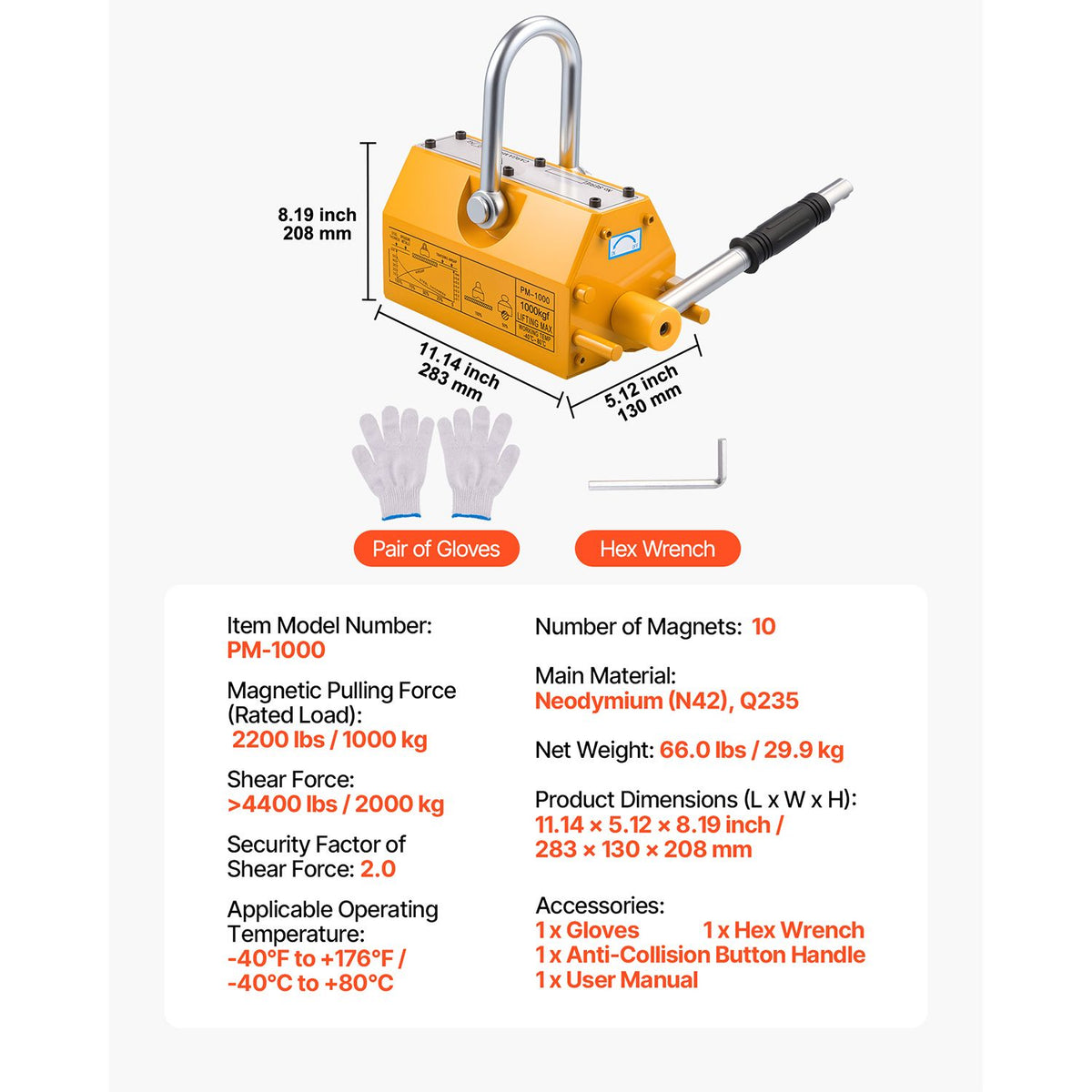 Permanent Magnetic Lifter, 1000 kg Pulling Capacity, Heavy Duty N42 Neodymium Lifting Magnet with Release Handle and Steel Hook, Used in Shop Crane and Hoist, for Lifting Plate Steel, Board