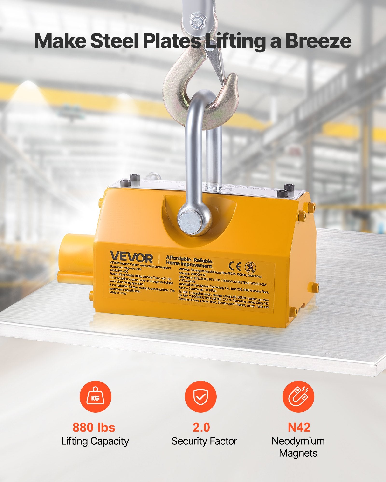 Tattoo Suppliers: VEVOR Permanent Magnetic Lifter, 400 kg Pulling Capacity, Heavy Duty N42 Neodymium Lifting Magnet with Release Handle and Steel Hook, Used in Shop Crane and Hoist, for Lifting Plate Steel, Board