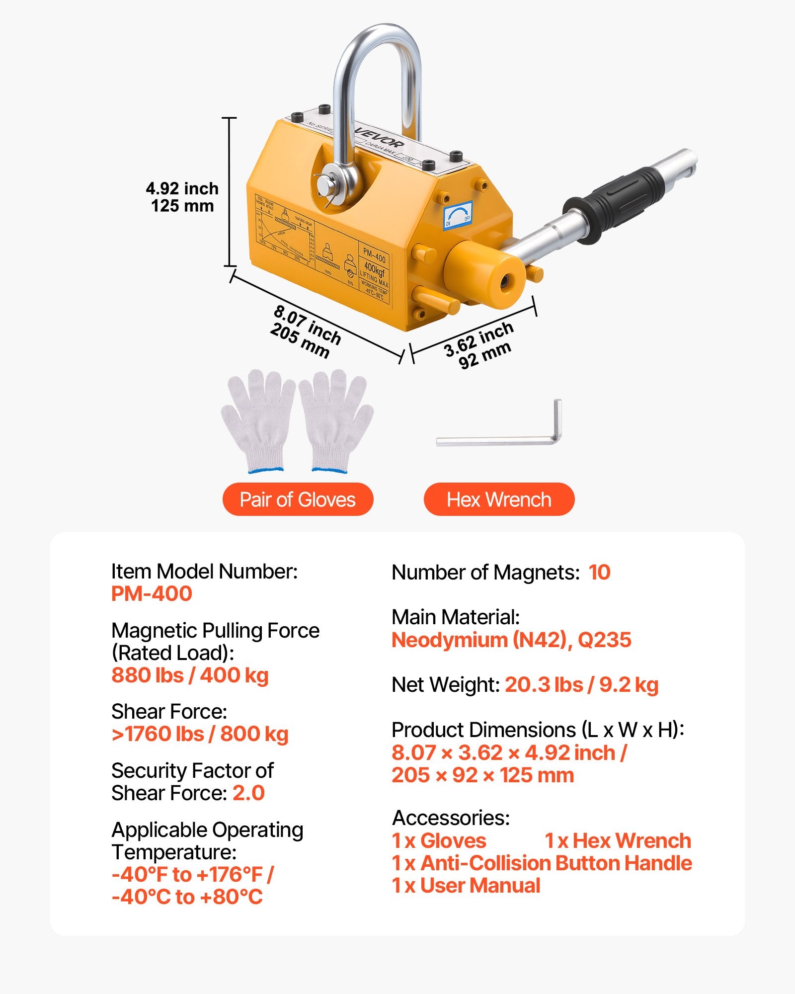 Tattoo Suppliers: VEVOR Permanent Magnetic Lifter, 400 kg Pulling Capacity, Heavy Duty N42 Neodymium Lifting Magnet with Release Handle and Steel Hook, Used in Shop Crane and Hoist, for Lifting Plate Steel, Board