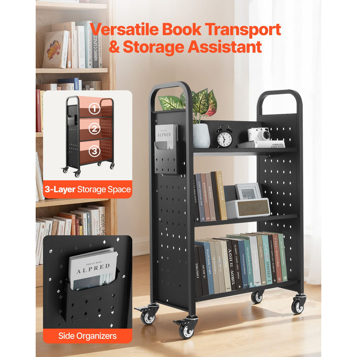 Rolling Library Book Cart, 150 kg Capacity, 77 x 38 x 122 cm Library Cart, Single Sided V-Shaped Shelves with 76.2 mm Lockable Wheels, Book Truck for Home Shelves Office and School, Black