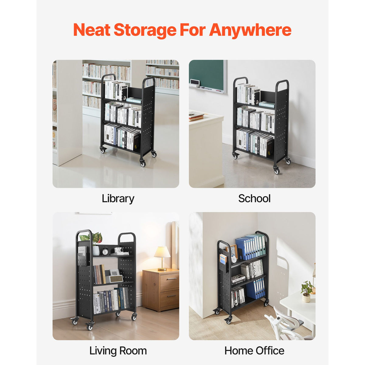 Rolling Library Book Cart, 150 kg Capacity, 77 x 38 x 122 cm Library Cart, Single Sided V-Shaped Shelves with 76.2 mm Lockable Wheels, Book Truck for Home Shelves Office and School, Black