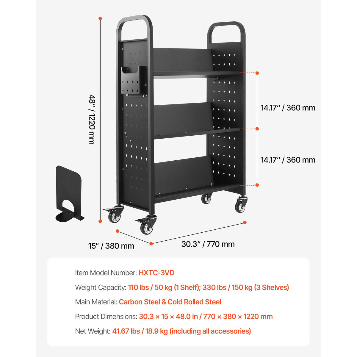 Rolling Library Book Cart, 150 kg Capacity, 77 x 38 x 122 cm Library Cart, Single Sided V-Shaped Shelves with 76.2 mm Lockable Wheels, Book Truck for Home Shelves Office and School, Black