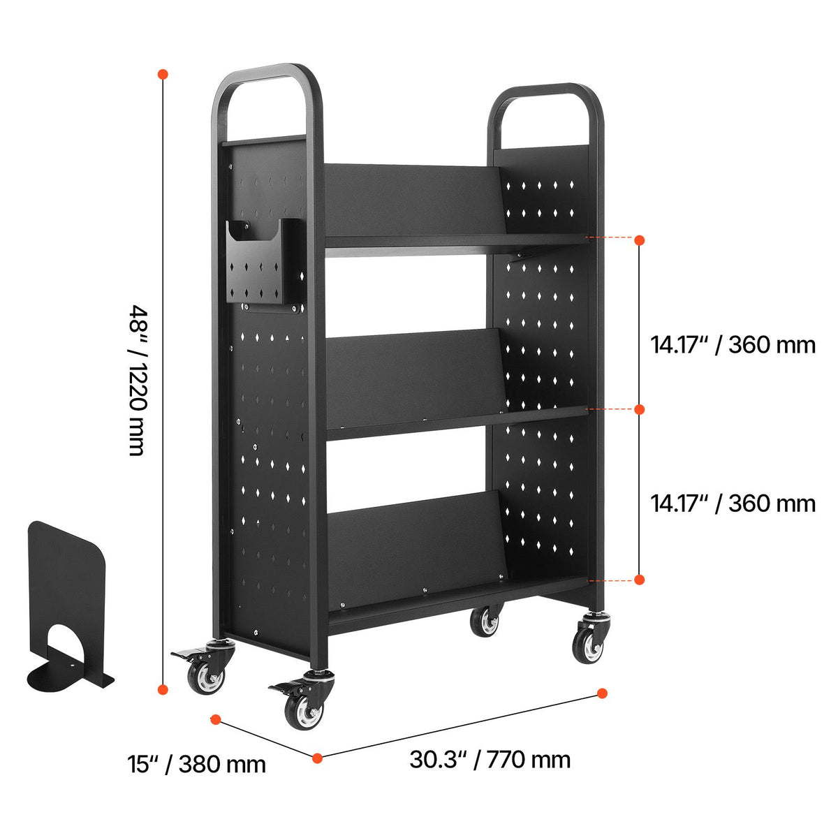 Rolling Library Book Cart, 150 kg Capacity, 77 x 38 x 122 cm Library Cart, Single Sided V-Shaped Shelves with 76.2 mm Lockable Wheels, Book Truck for Home Shelves Office and School, Black