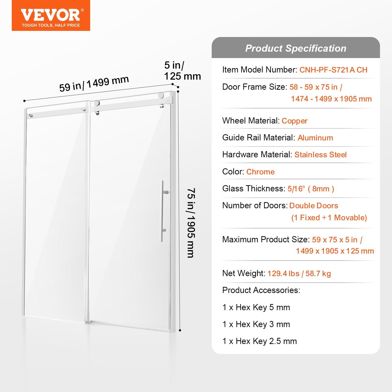 Shower Heads & Screens: VEVOR Frameless Shower Door 58-59" x 75" SGCC Tempered Glass 5/16" Chrome