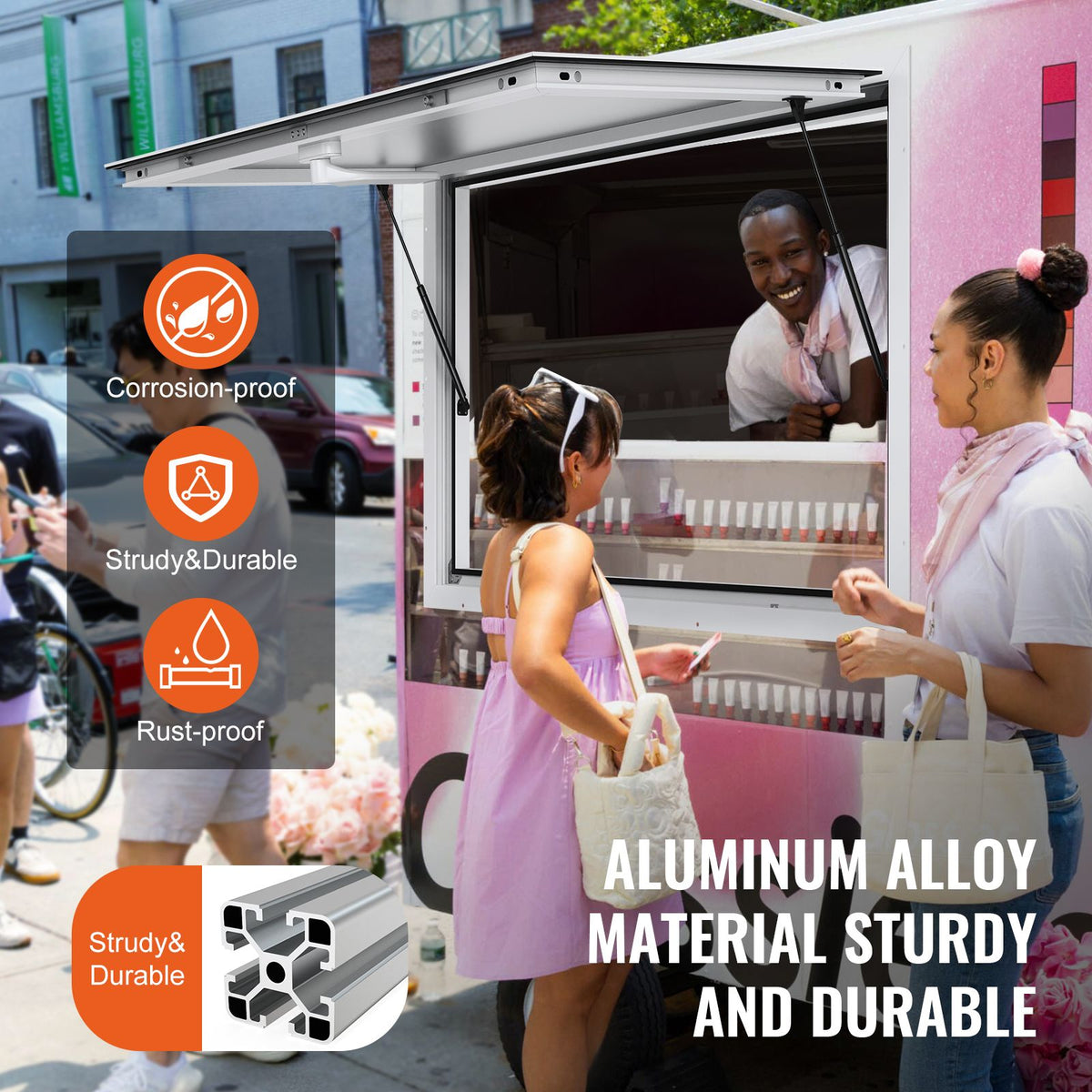 Concession Window for Food Truck, 48"x36" Aluminum Alloy Food Truck Service Window, Up to 85 Degrees Stand Serving Window with Awning Door & Drag Hook,  for Food Trucks Concession Trailers