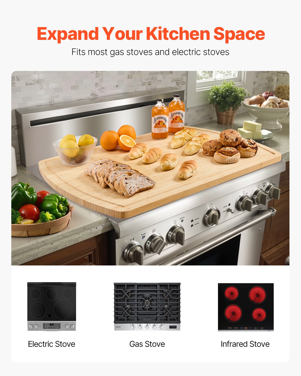 Caravan Accessories: VEVOR Noodle Board Stove Cover, Stove Top Cover Board for Gas Burner & Electric Stove, Bamboo Wood Cutting Board with Juice Grooves, RV Stovetop/ Kitchen Sink Cover for Counter Space & Tray, Natural