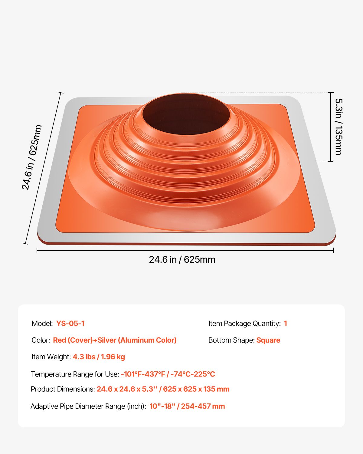 Roof Pipe Flashing Boot, Fit Pipe OD 254 to 457 mm, Flexible Silicone Roofing Jack Pipe Flashing, High Temp -74℃ to 225℃, Lasting Square Metal Base, for Chimney, Wood Stove & Outdoor Vent Pipes