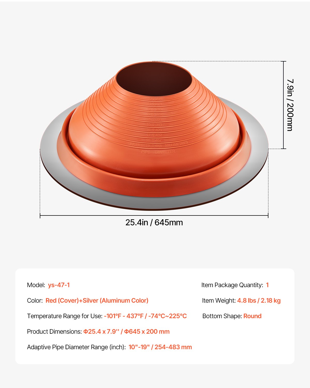 Automotive Parts: VEVOR Metal Roof Pipe Flashing Boot Fits 254-483 mm Pipe High Temp Red Silicone