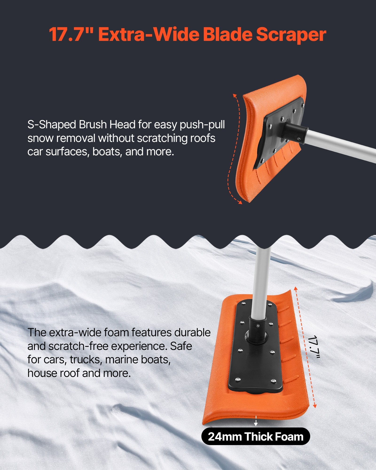 Spreaders & Wheelbarrows: VEVOR Snow Roof Rake, 45cm Foam Blade, 2.25-5.62 m Adjustable Roof Snow Scraper, Extension Tubes & Non-Slip Handle, Lightweight Snows Removal Tool for House Leaves Debris Clearing