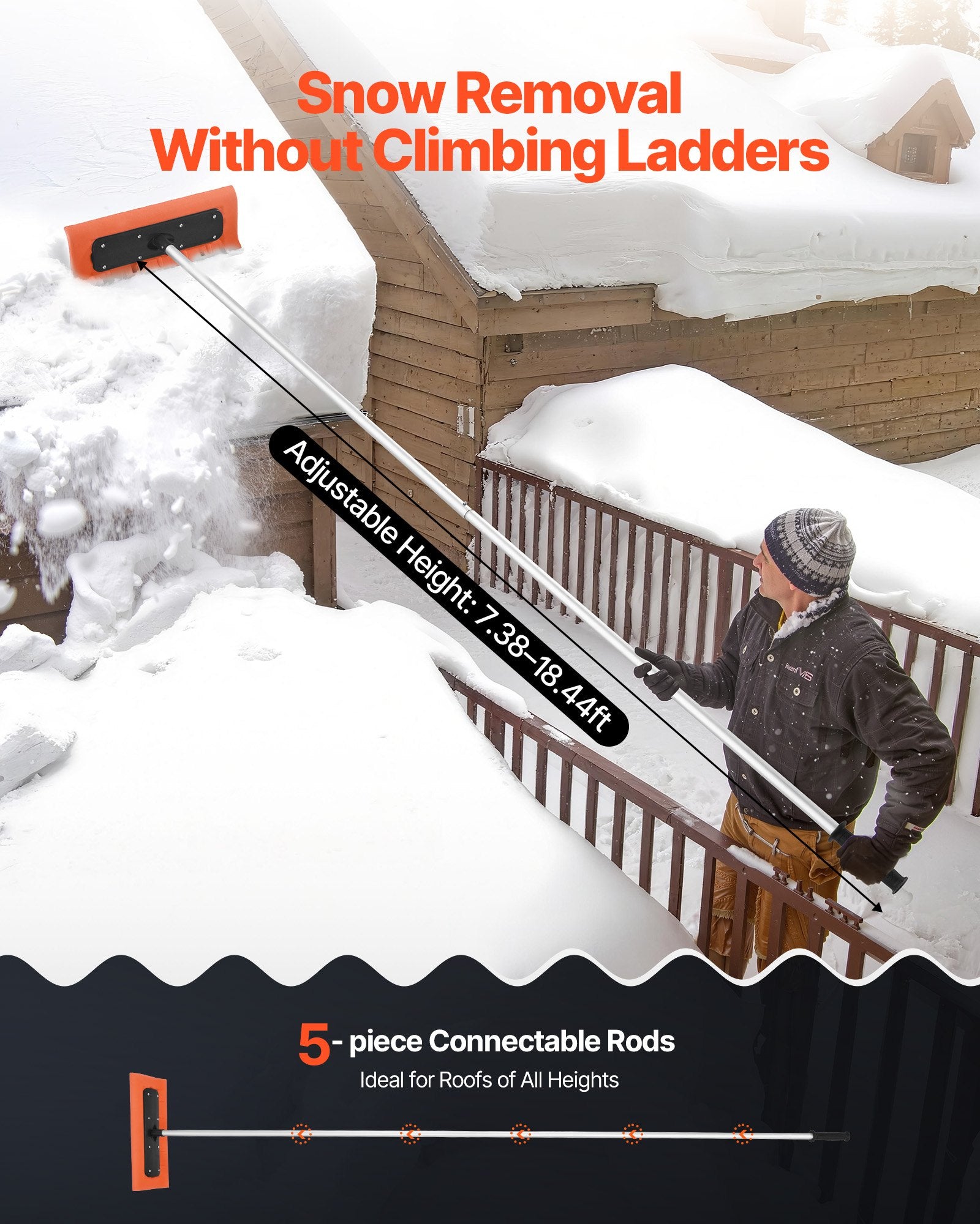 Spreaders & Wheelbarrows: VEVOR Snow Roof Rake, 45cm Foam Blade, 2.25-5.62 m Adjustable Roof Snow Scraper, Extension Tubes & Non-Slip Handle, Lightweight Snows Removal Tool for House Leaves Debris Clearing